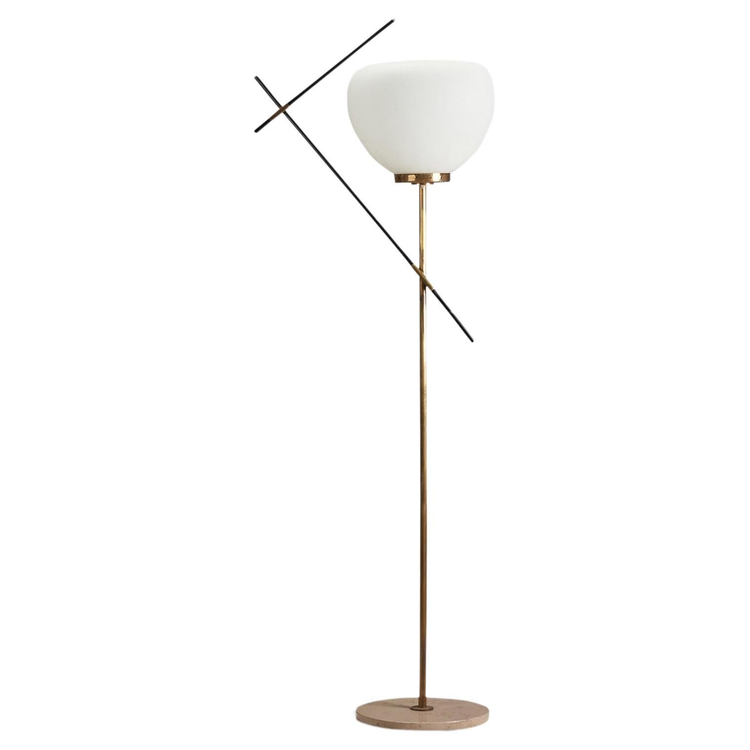 Lampadaire Stilnovo, laiton, métal, verre dépoli, travertin, Italie, années 1950