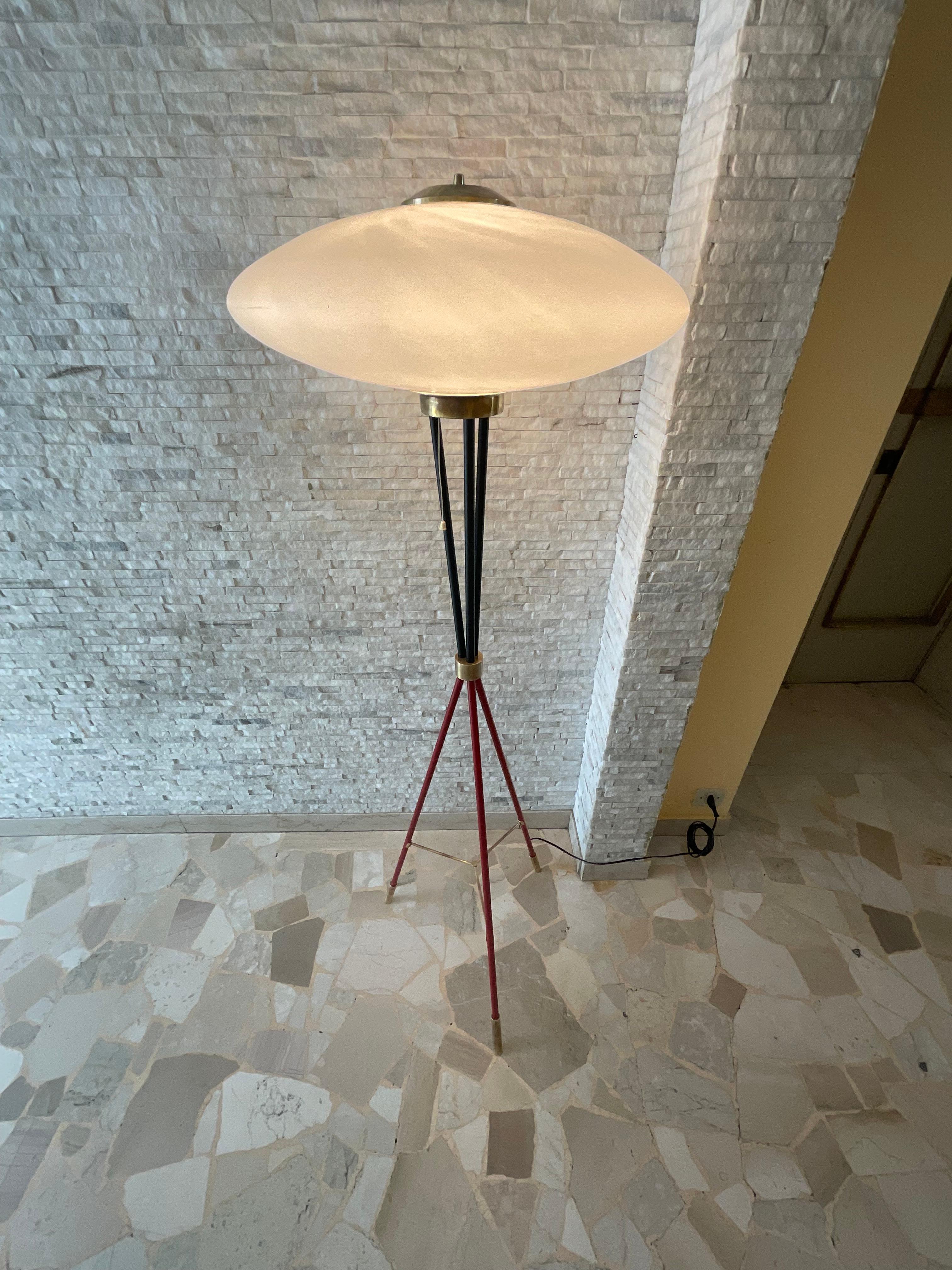 Stilnovo Floor Lamp Brass Metal Opaline Glass 1950 Italy For Sale 9