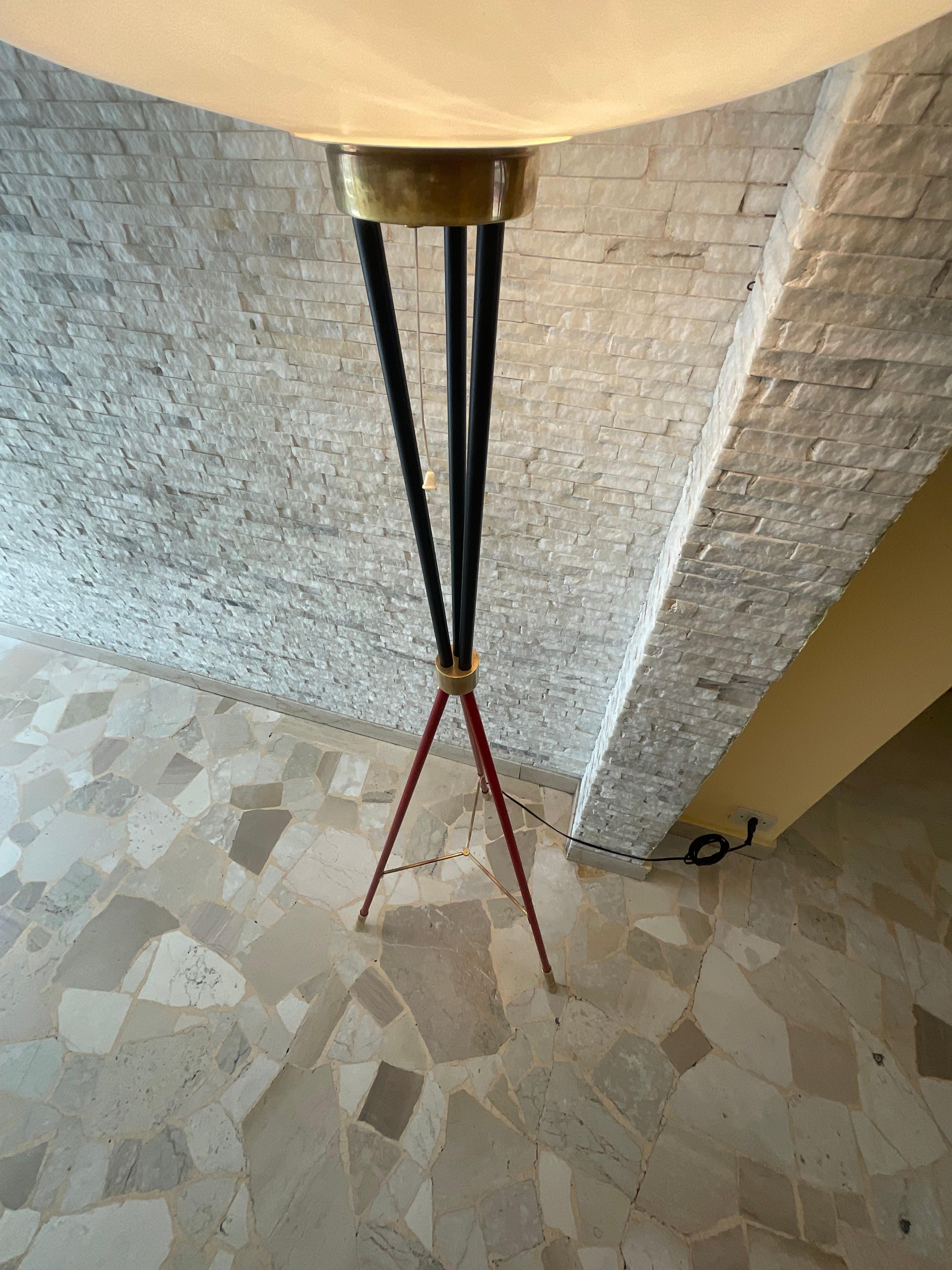Stilnovo Floor Lamp Brass Metal Opaline Glass 1950 Italy For Sale 11