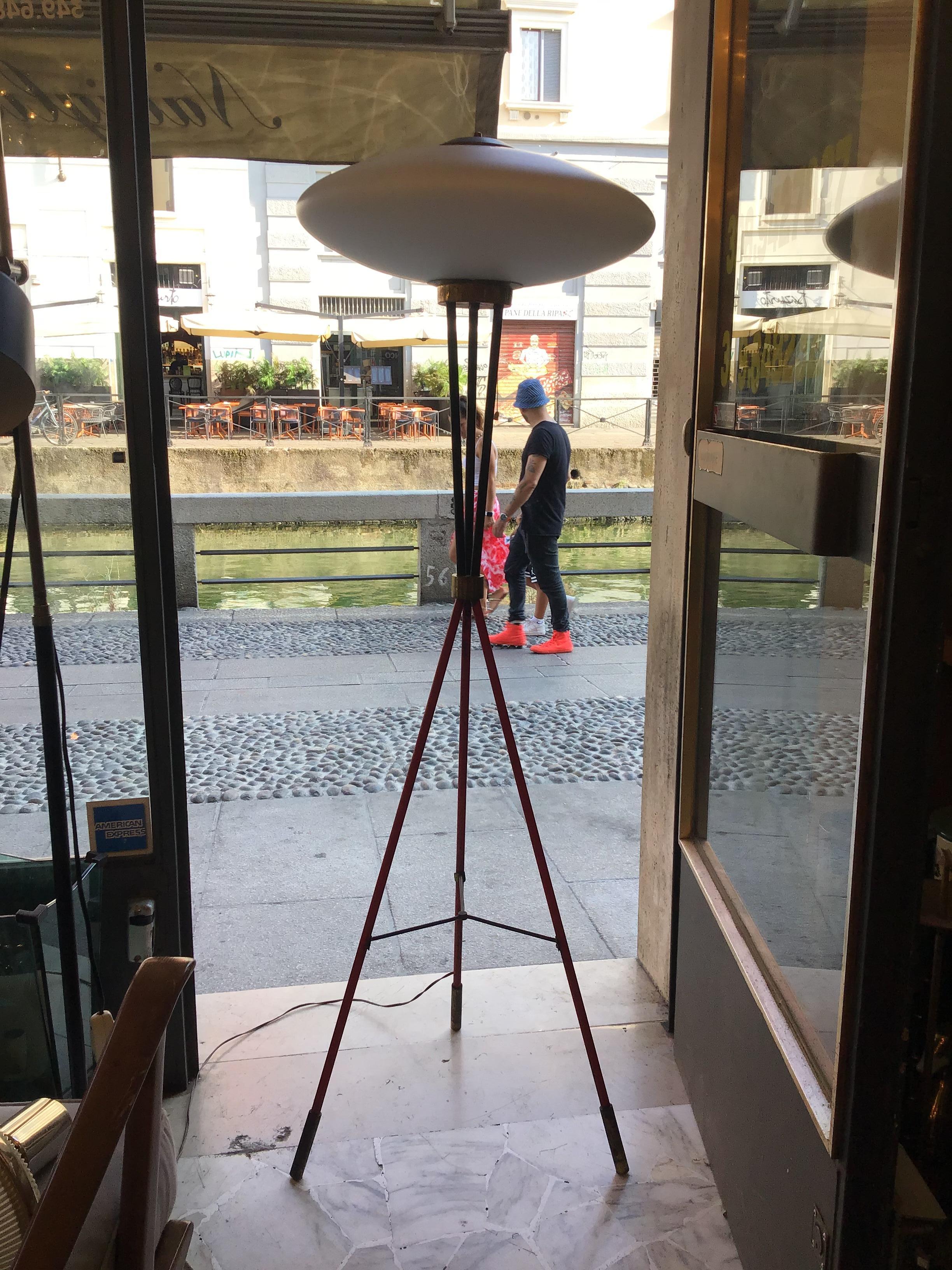 Mid-20th Century Stilnovo Floor Lamp Brass Metal Opaline Glass 1950 Italy For Sale