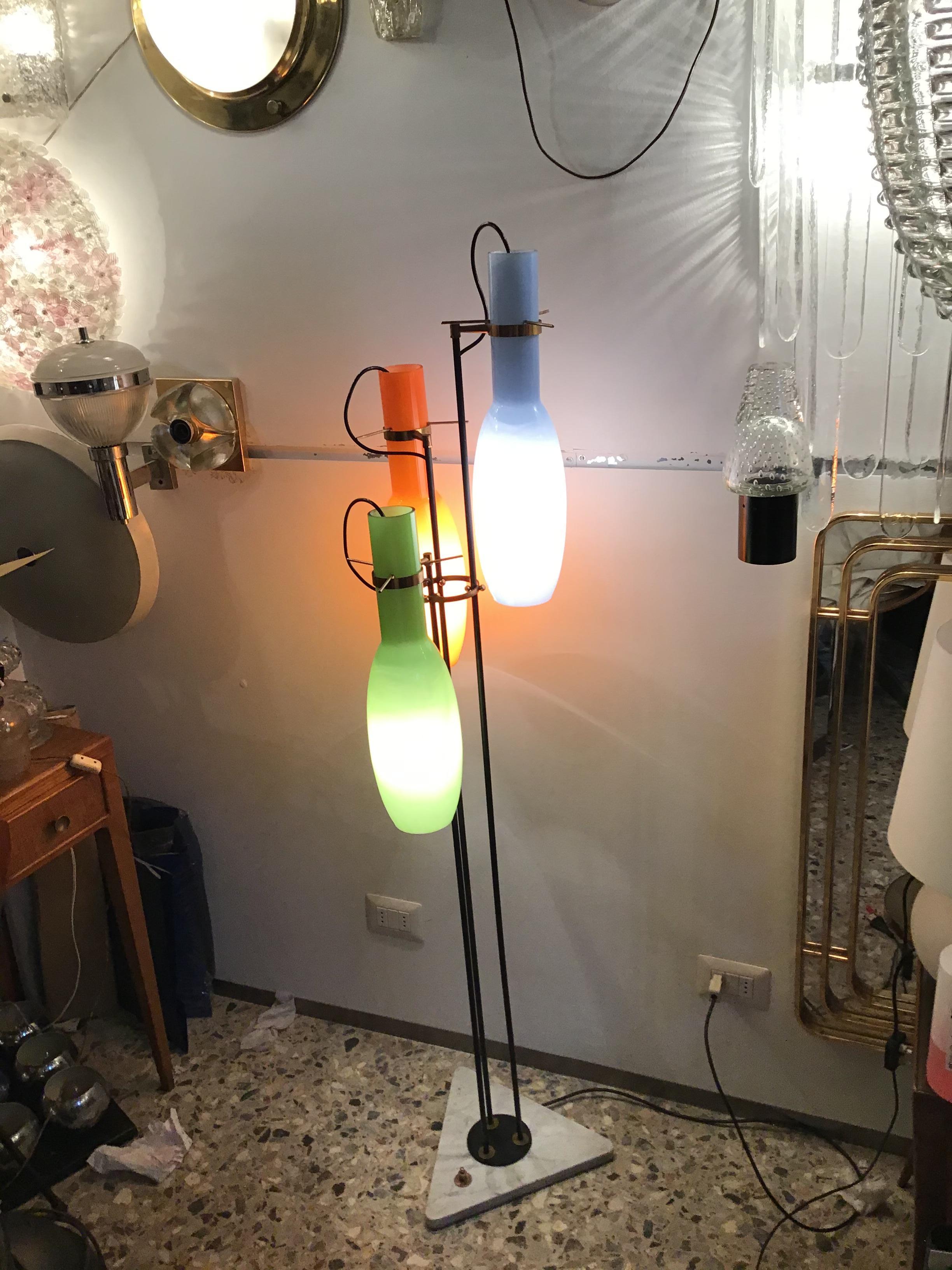 Stilnovo Style Floor Lamp Cased Glass Brass Iron, 1950, Italy In Excellent Condition In Milano, IT