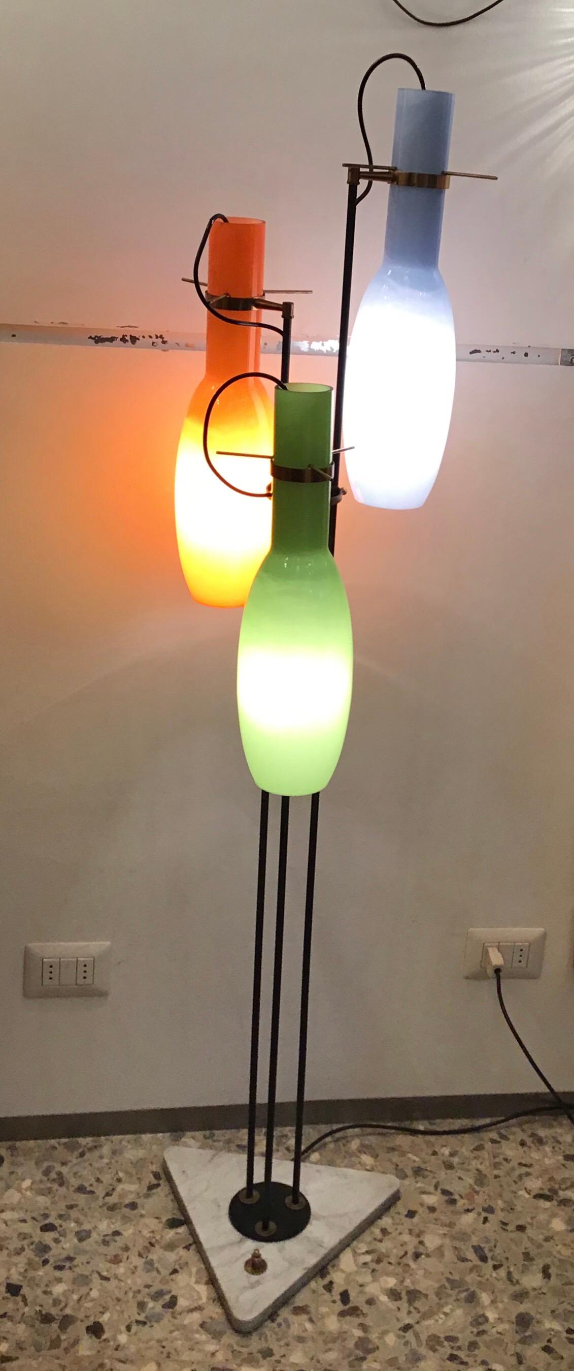 Stilnovo Style Floor Lamp Cased Glass Brass Iron, 1950, Italy 2