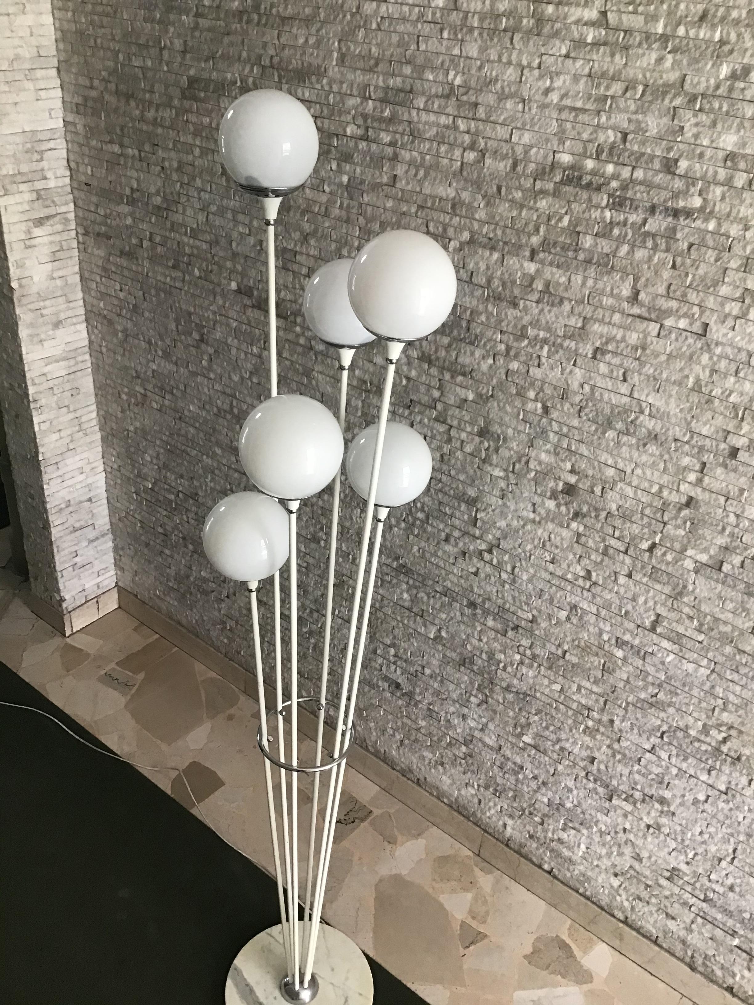 Stilnovo Style Floor Lamp Glass Marble Metal, 6 Lights, 1950, Italy “Alberello” For Sale 4