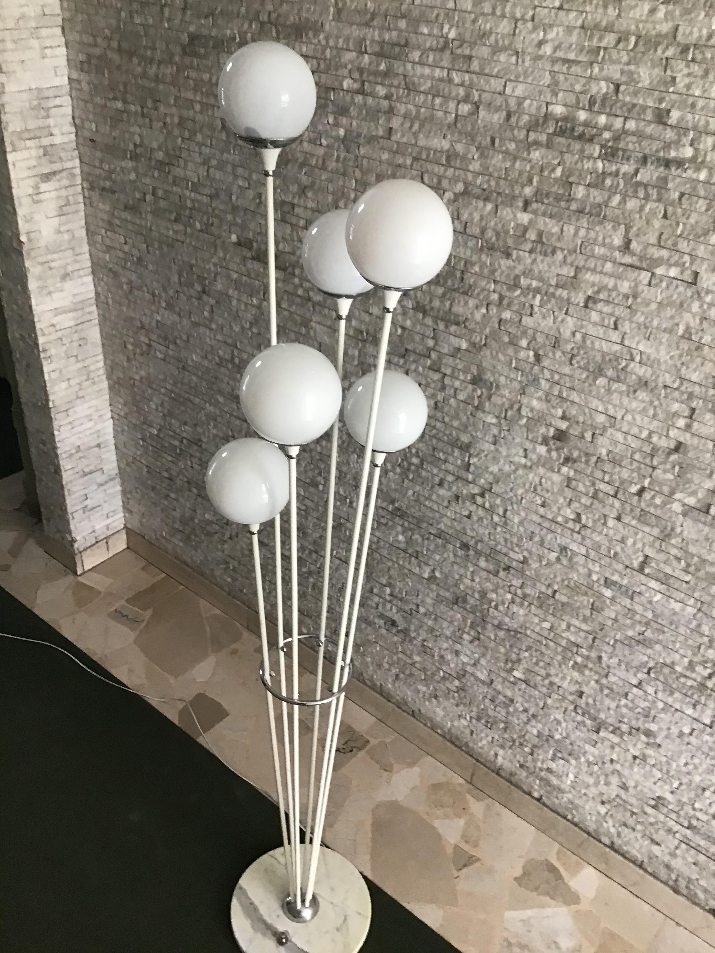 Stilnovo Style Floor Lamp Glass Marble Metal, 6 Lights, 1950, Italy “Alberello” For Sale 5