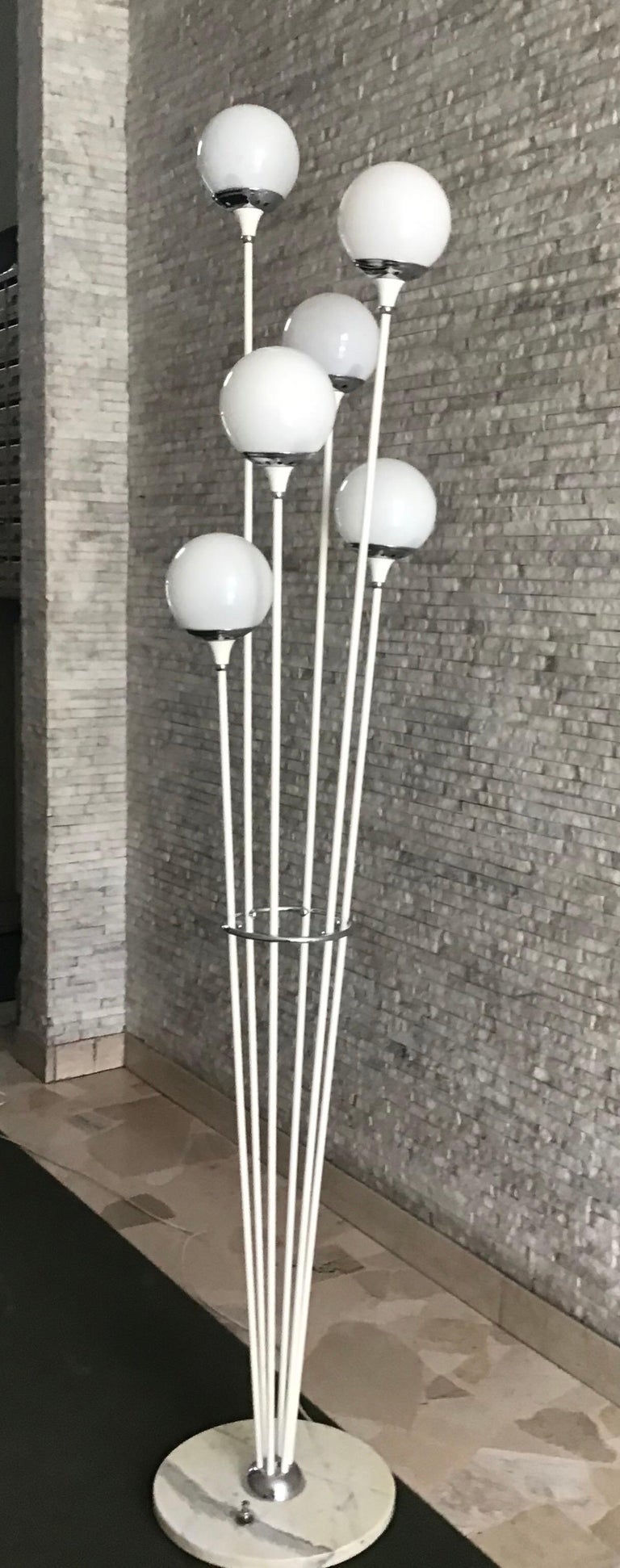 Other Stilnovo Style Floor Lamp Glass Marble Metal, 6 Lights, 1950, Italy “Alberello” For Sale