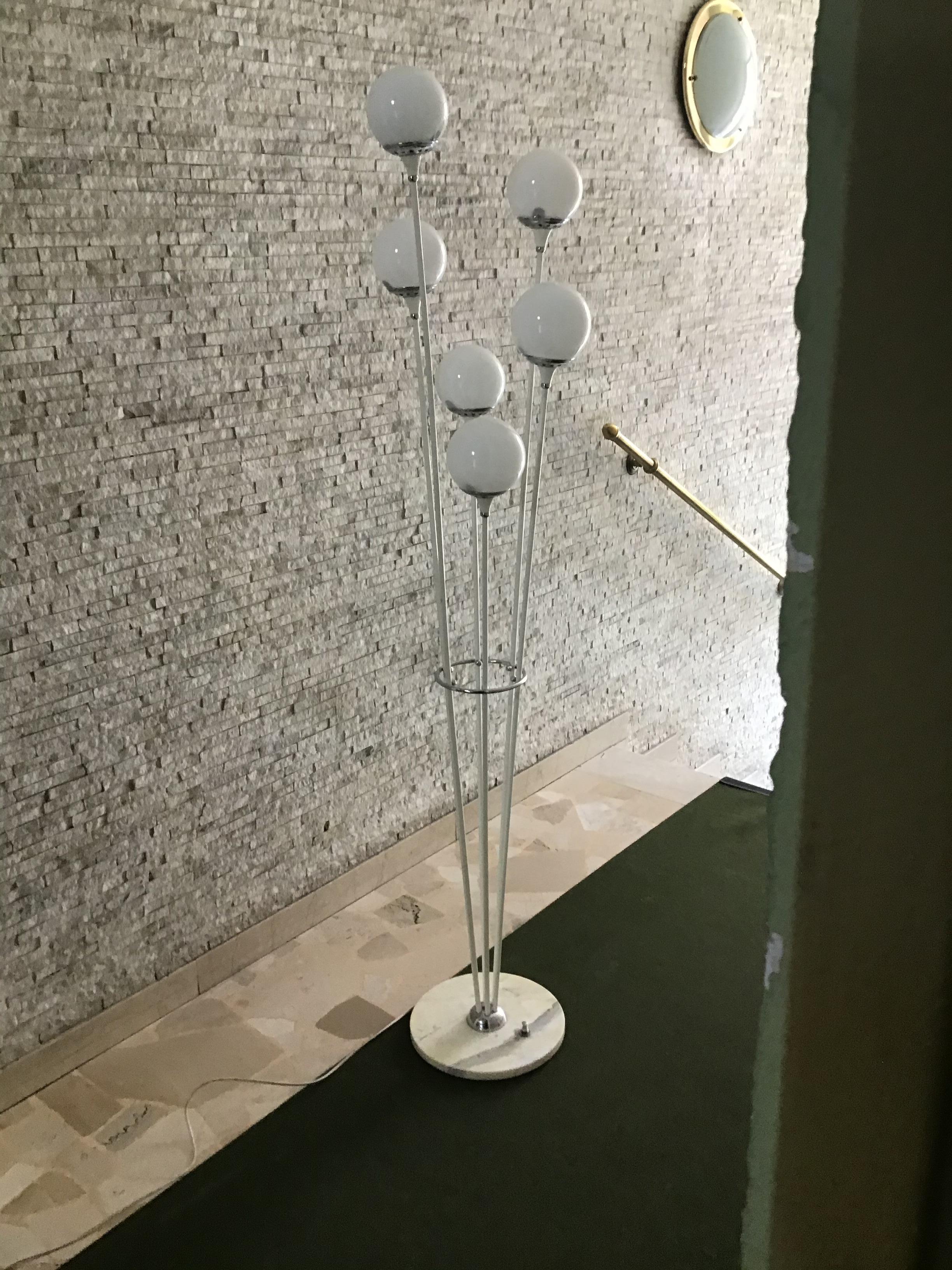 Mid-20th Century Stilnovo Style Floor Lamp Glass Marble Metal, 6 Lights, 1950, Italy “Alberello” For Sale