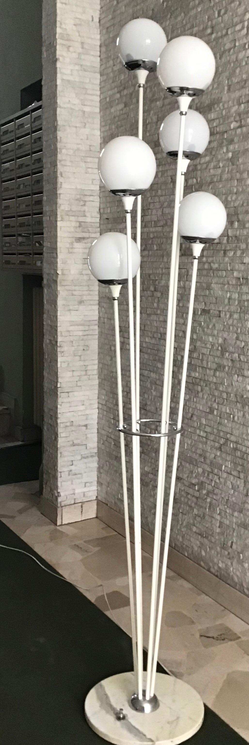 Stilnovo Style Floor Lamp Glass Marble Metal, 6 Lights, 1950, Italy “Alberello” For Sale 2