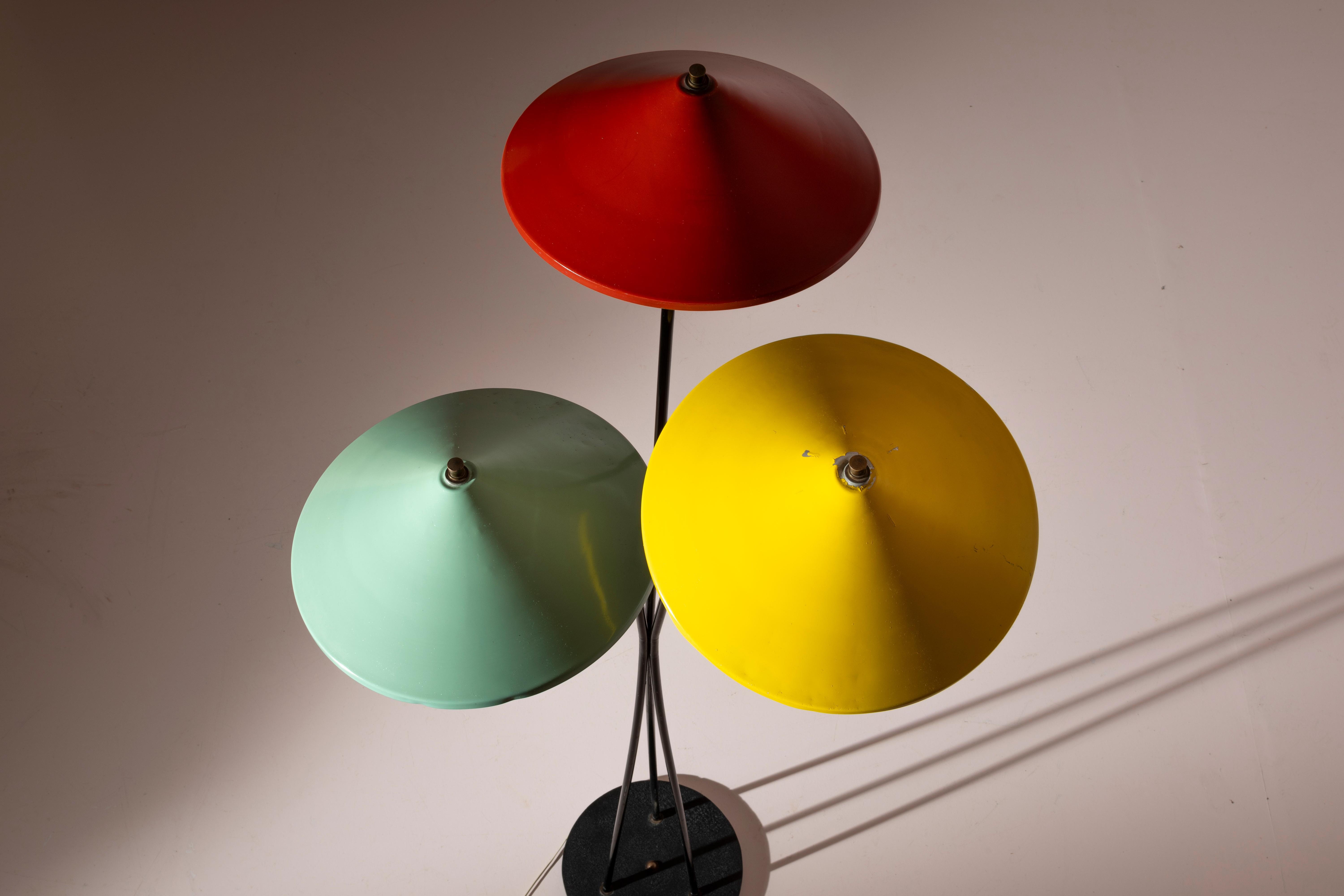 Italian Stilnovo floor lamp in metal with colored lampshades, Italy, 1950s For Sale