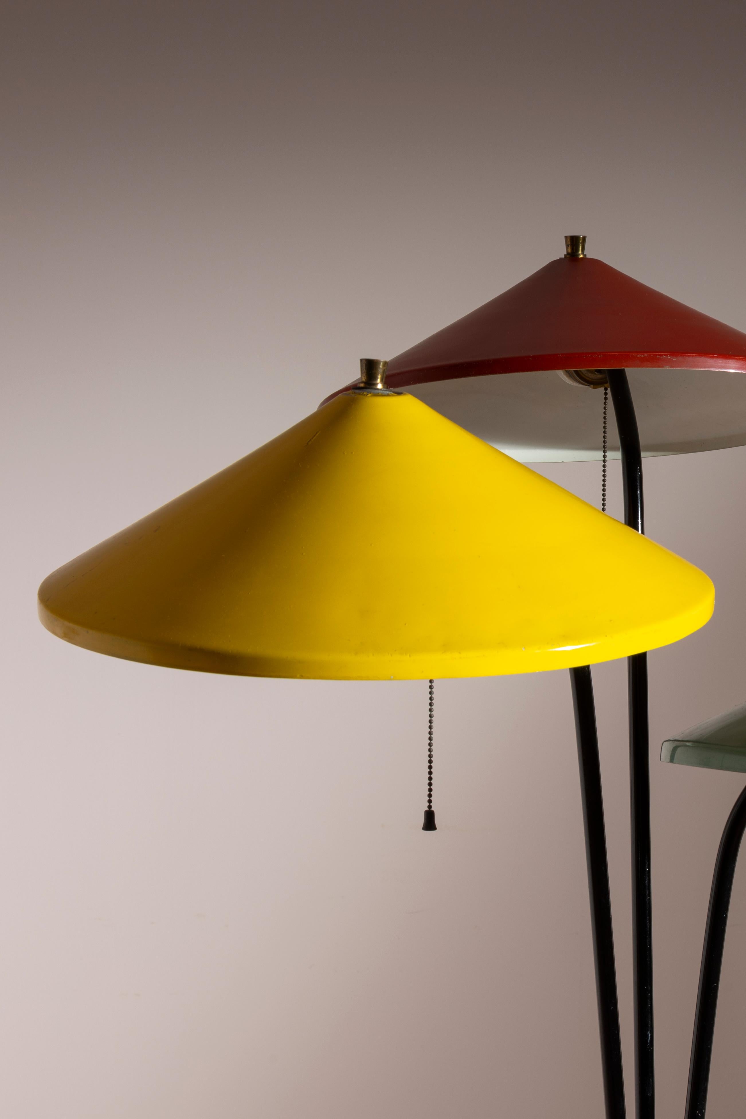 Metal Stilnovo floor lamp in metal with colored lampshades, Italy, 1950s For Sale
