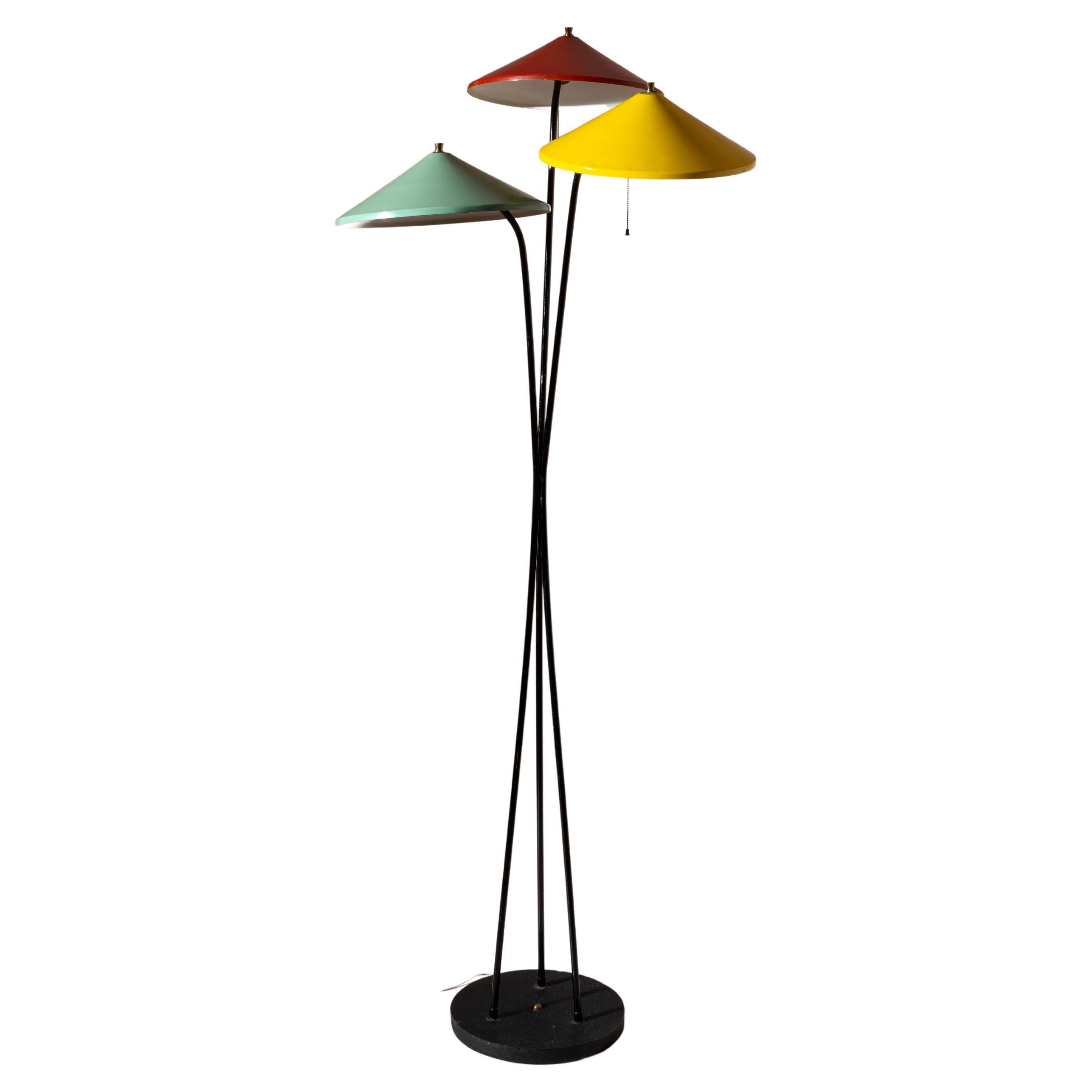 Stilnovo floor lamp in metal with colored lampshades, Italy, 1950s For Sale