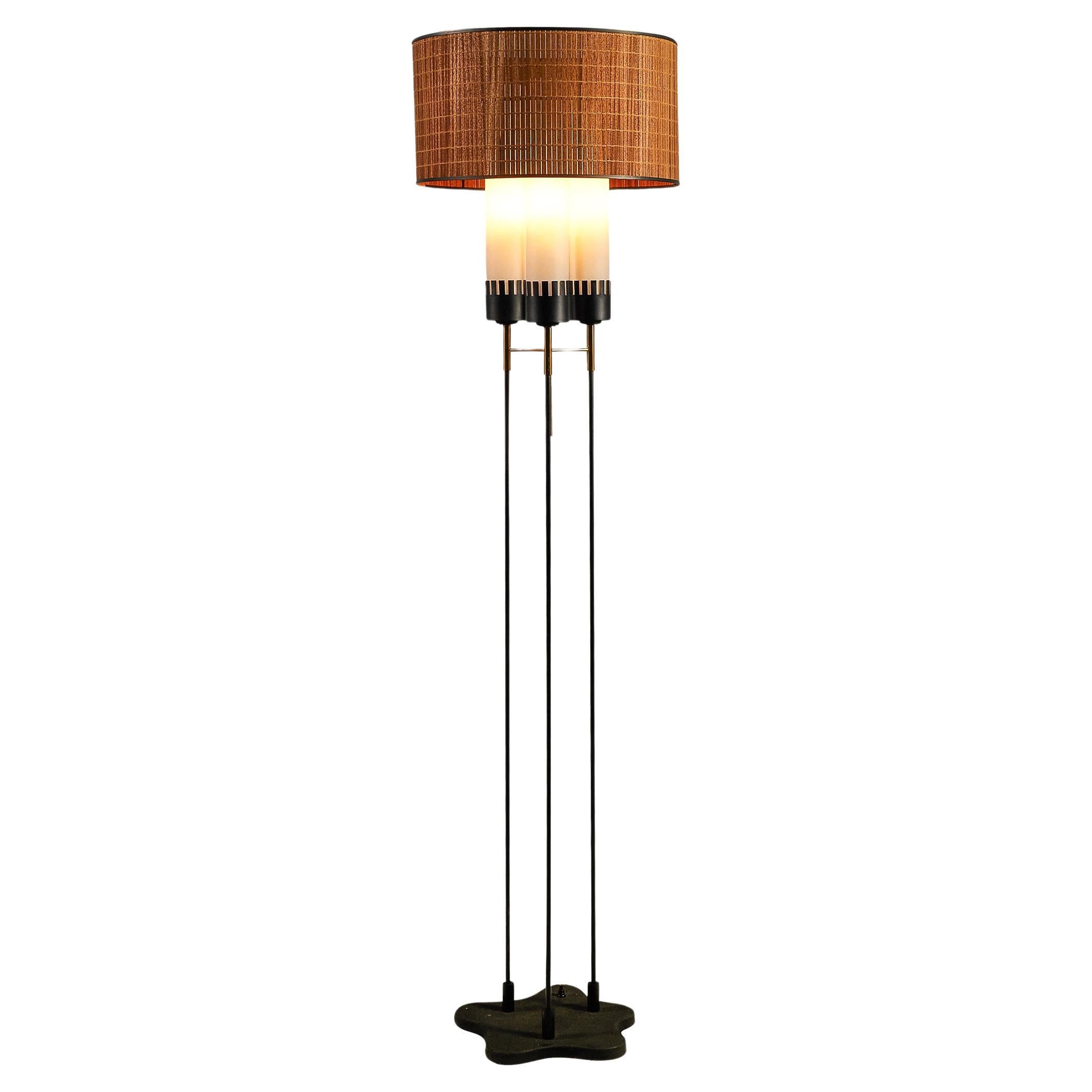 Stilnovo Floor Lamp in Opaline Glass and Teak  For Sale