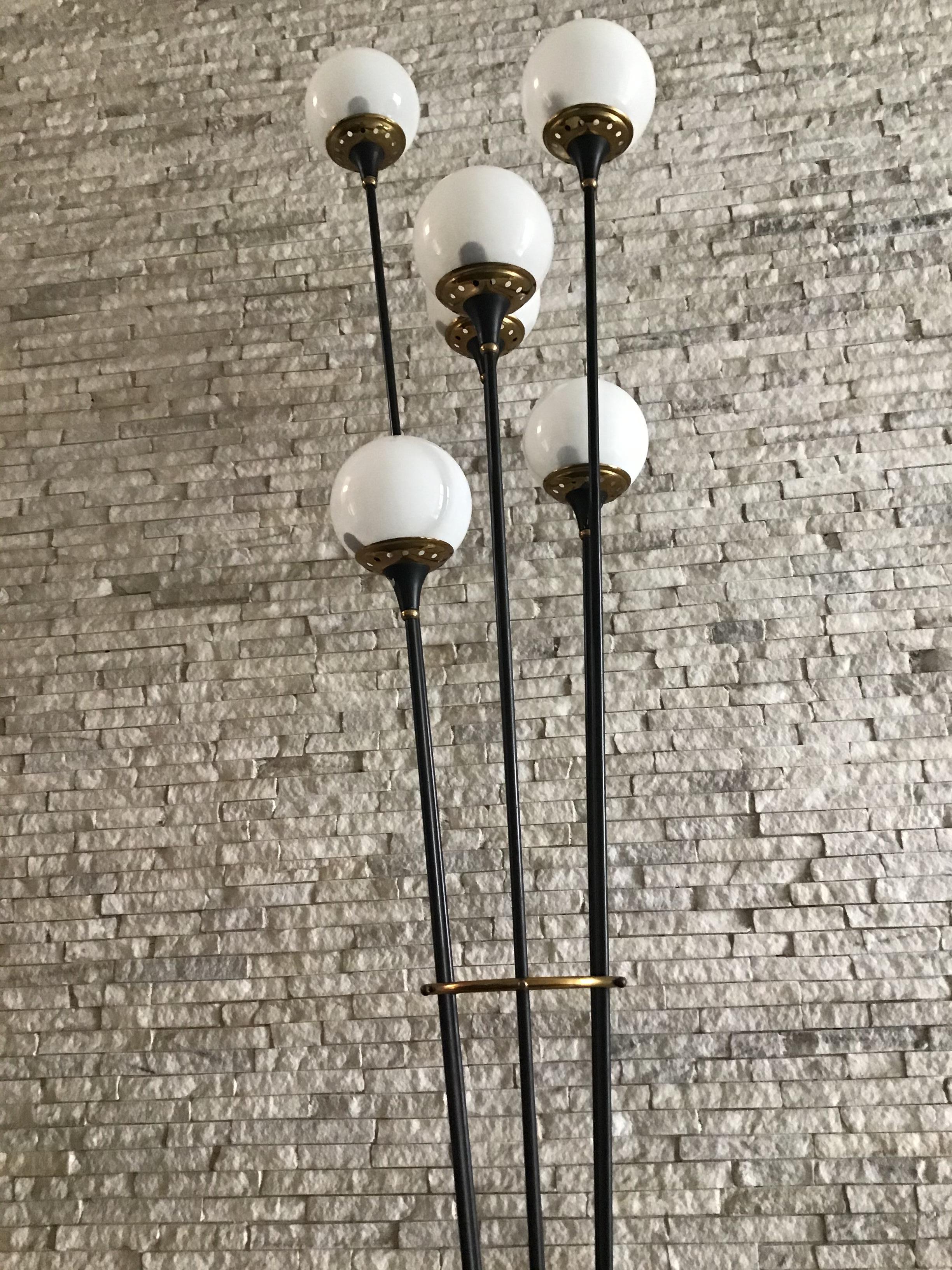 Stilnovo Floor Lamp Iron Brass Marbre Opaline Glass, 1950, Italy  4