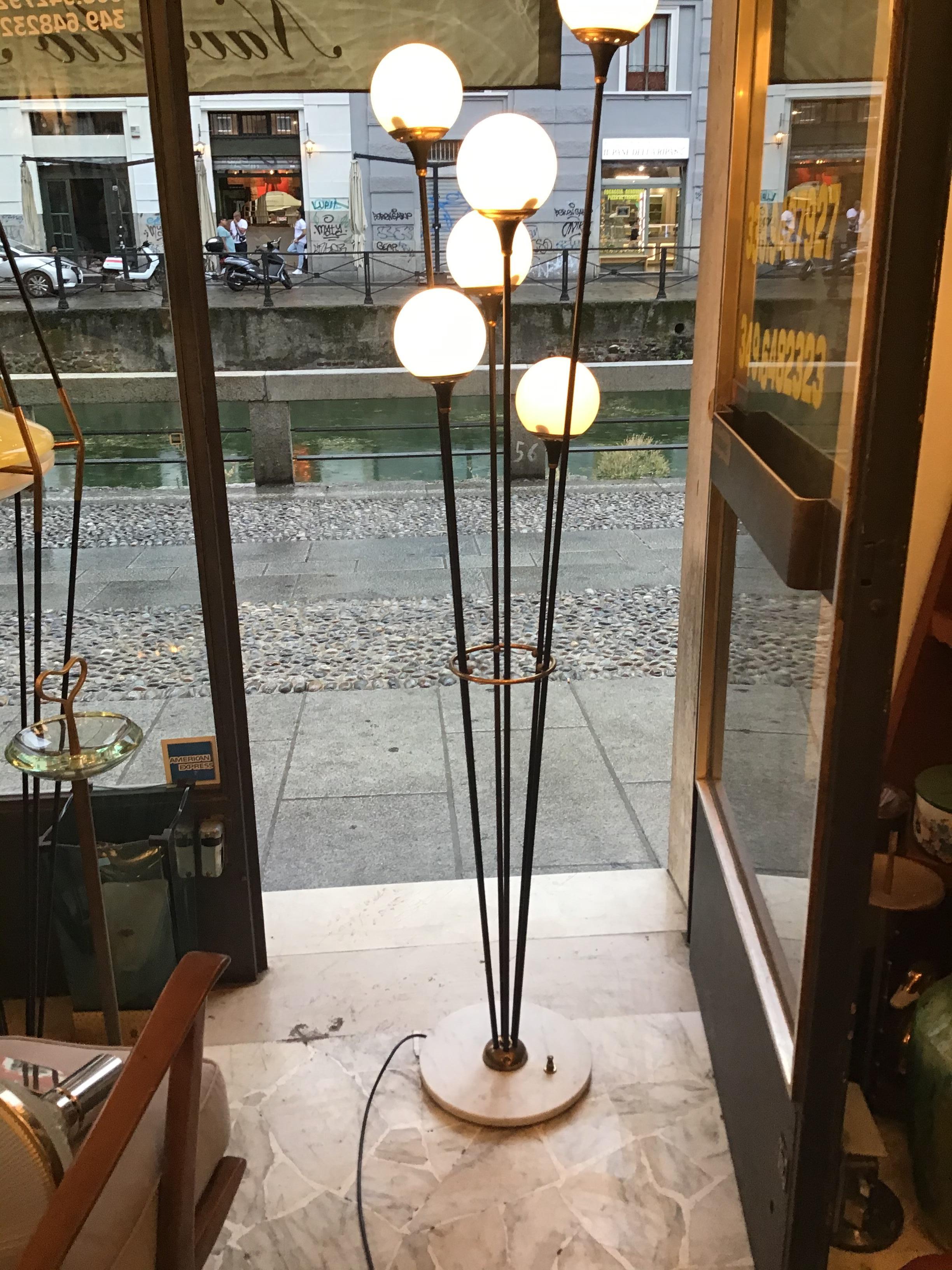 Stilnovo Floor Lamp Iron Brass Marbre Opaline Glass, 1950, Italy 6