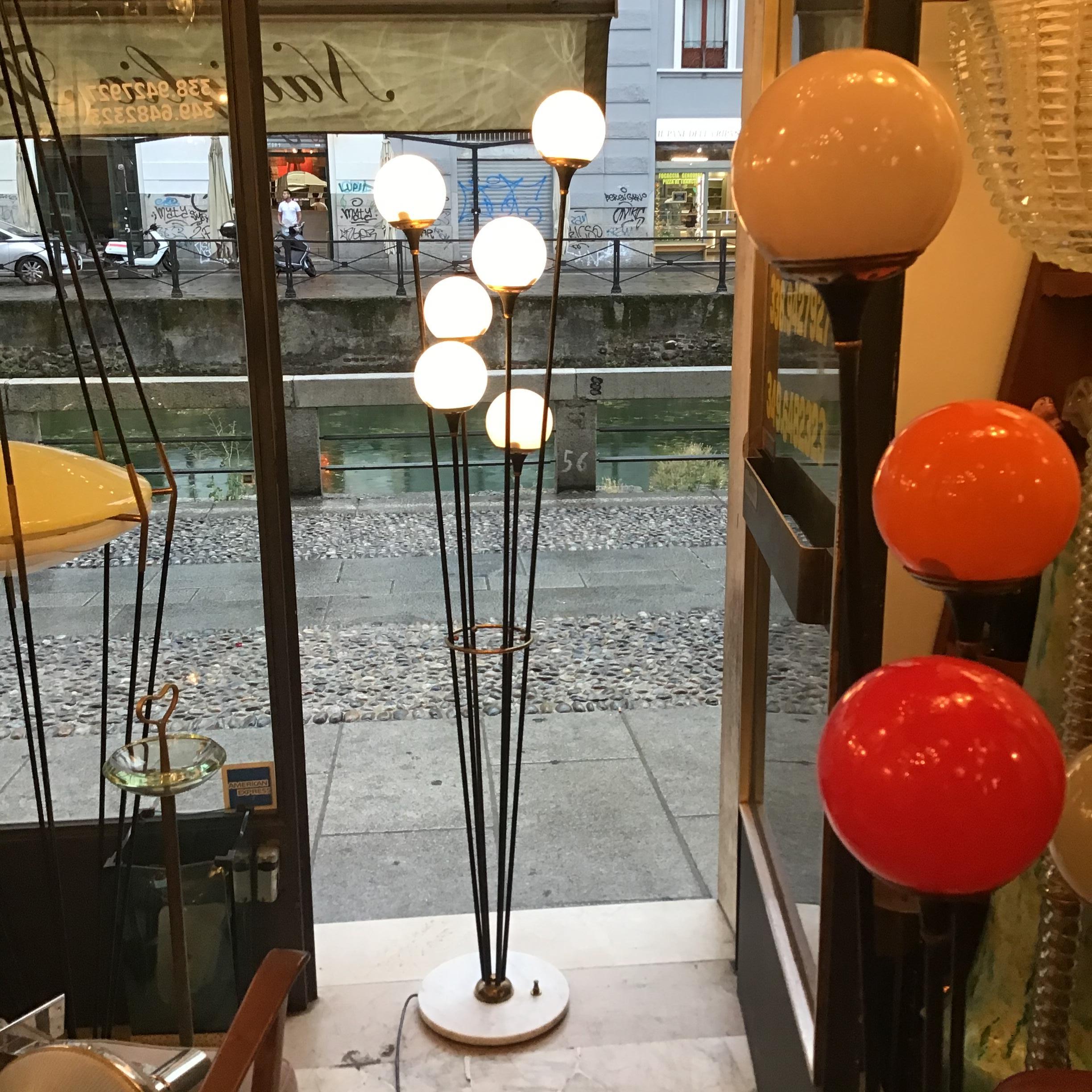 Stilnovo floor lamp iron brass marbre opaline glass, 1950, Italy.