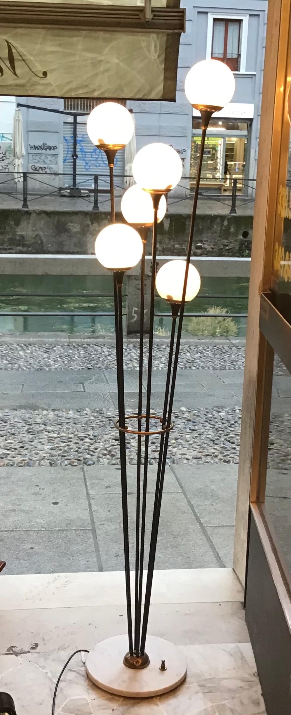 Italian Stilnovo Floor Lamp Iron Brass Marbre Opaline Glass, 1950, Italy