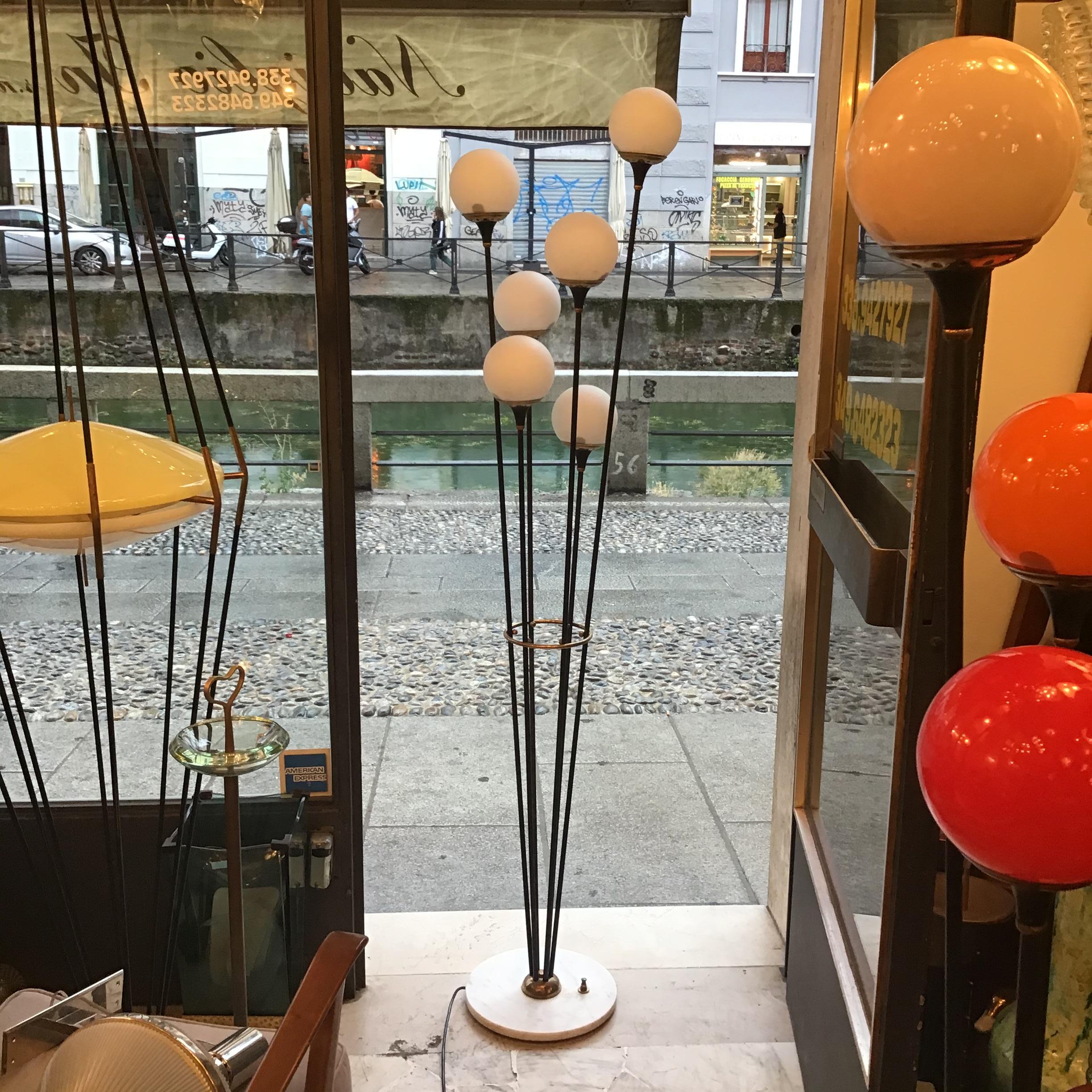 Stilnovo Floor Lamp Iron Brass Marbre Opaline Glass, 1950, Italy In Excellent Condition In Milano, IT