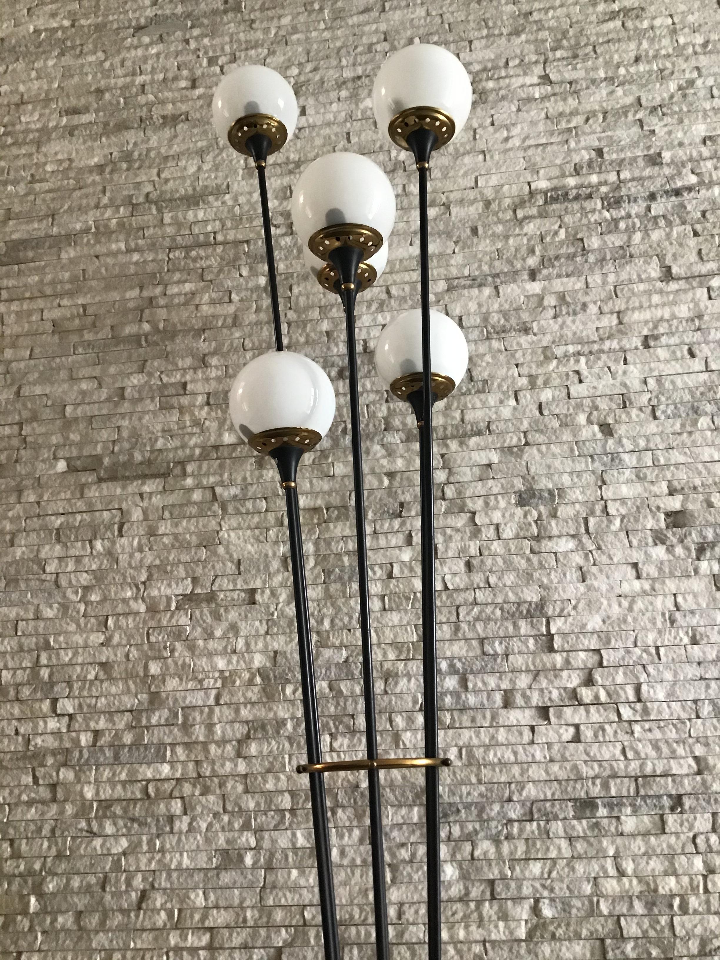 Mid-20th Century Stilnovo Floor Lamp Iron Brass Marbre Opaline Glass, 1950, Italy 
