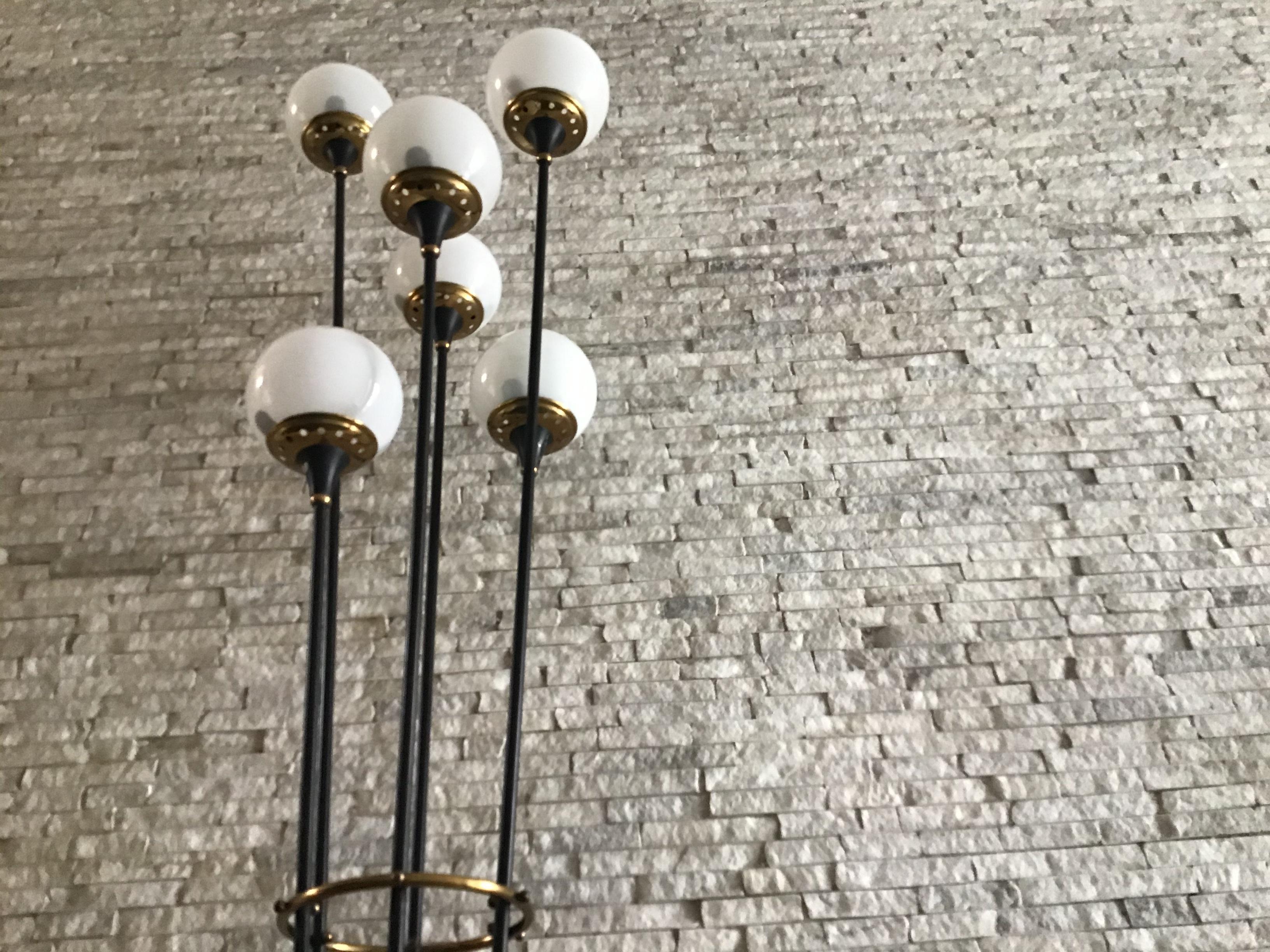 Stilnovo Floor Lamp Iron Brass Marbre Opaline Glass, 1950, Italy  1