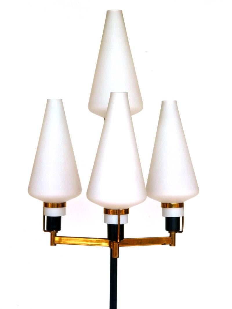 Stilnovo 
Italy, 1950s

Floor lamp
Brass frame, black metal details and frosted glass shades

Excellent condition
Glasses in perfect condition.