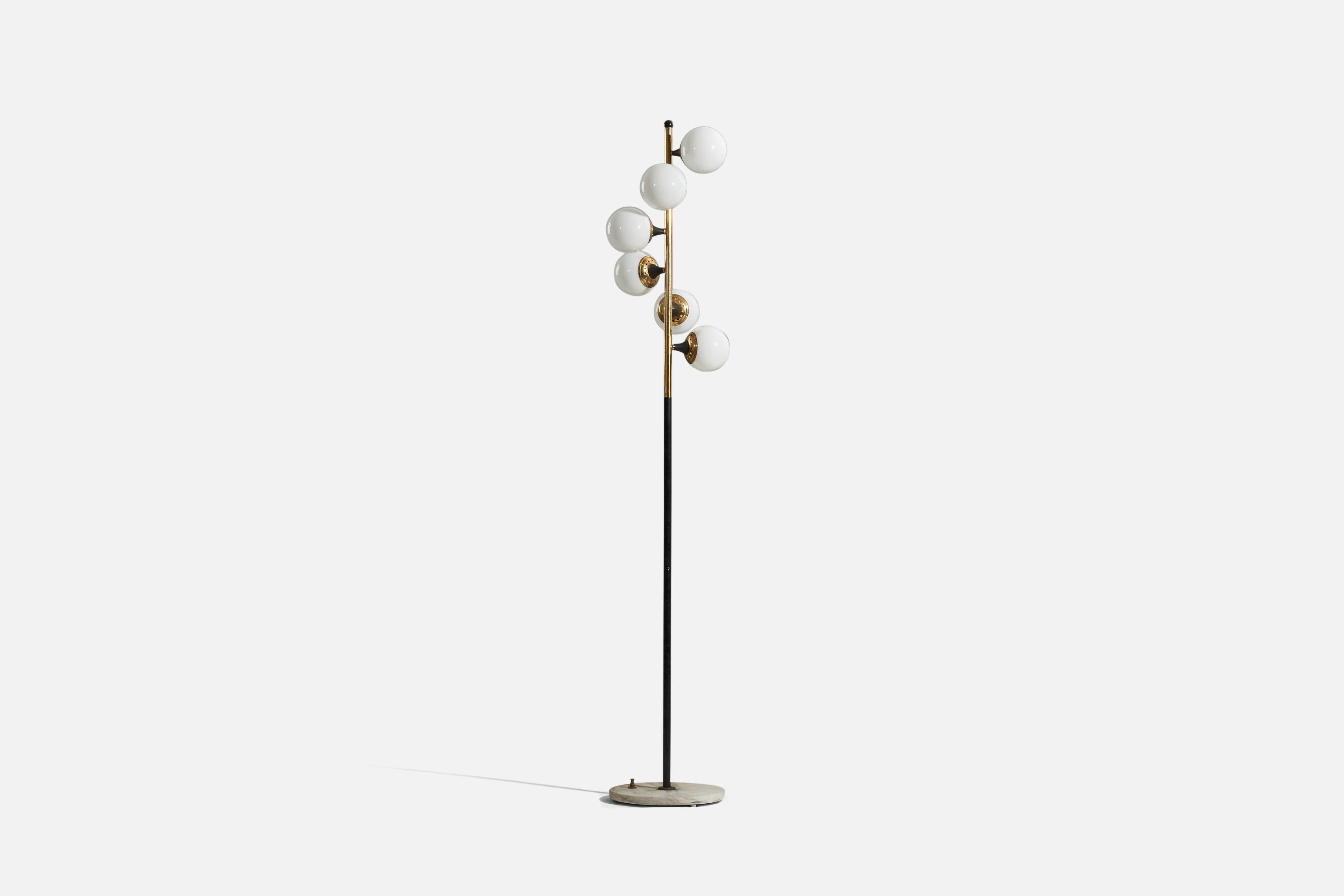 A marble, glass, metal and brass floor lamp designed and produced by Stilnovo, Italy, 1950s.