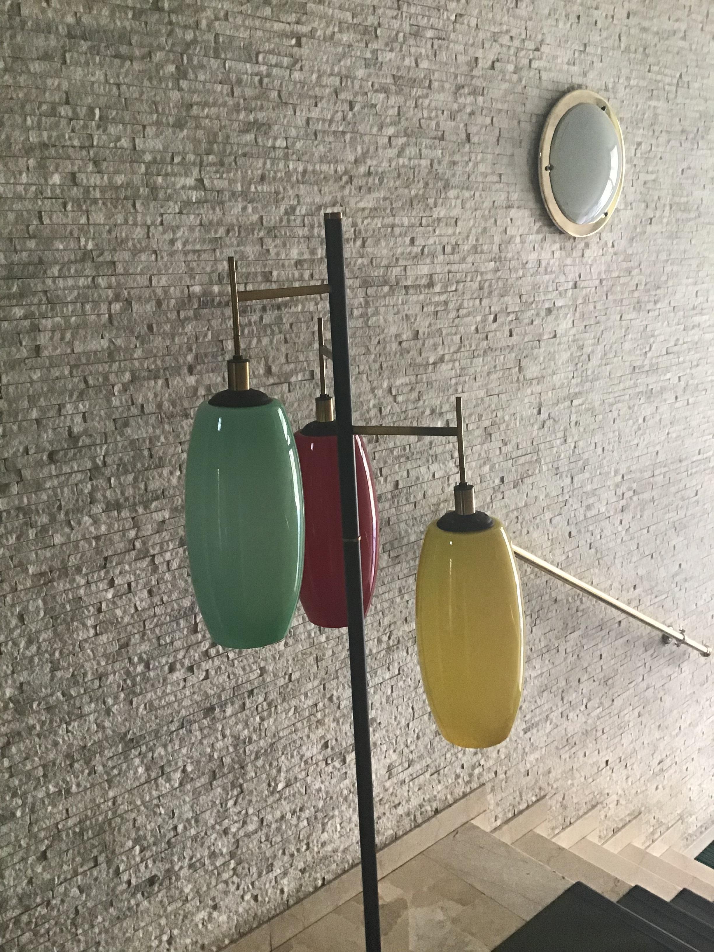 Stilnovo Style Floor Lamp Marble Iron Brass Glass 1950 Italy Three Lights 2