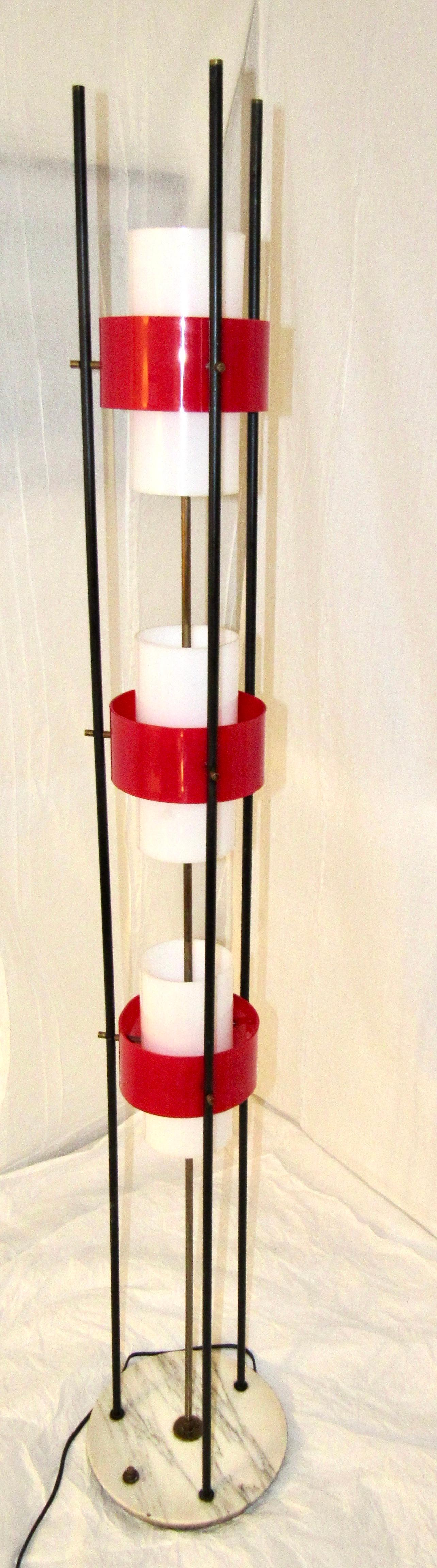 Italian Stilnovo Floor Lamp Red and White Acrylic / Plexi and Marble, Italy, 1960 For Sale