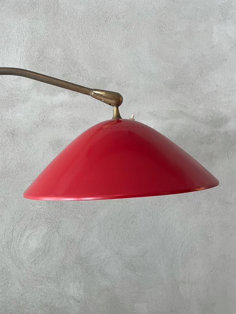 Mid-Century Modern Stilnovo Floor Lamp Red Lacquered Aluminum Marble Base Brass, Italy, 1950