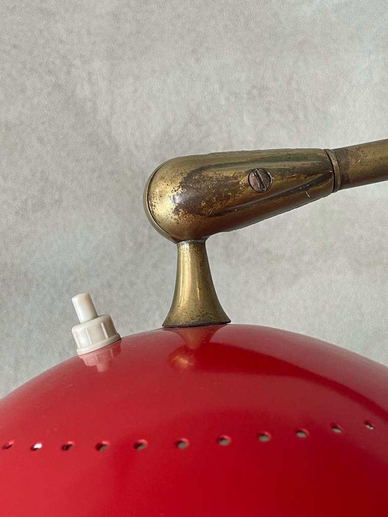 Italian Stilnovo Floor Lamp Red Lacquered Aluminum Marble Base Brass, Italy, 1950