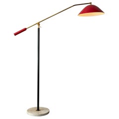 Stilnovo Style Floor Lamp Red Painted Aluminium Brass Marble Carrara, 1950