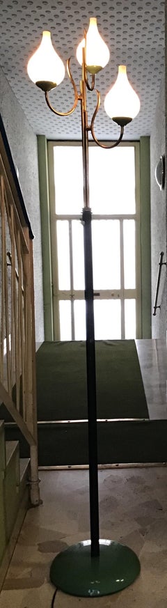 Stilnovo Floor Lamp Tree Light  Brass Metal Opaline Glass 1950 Italy