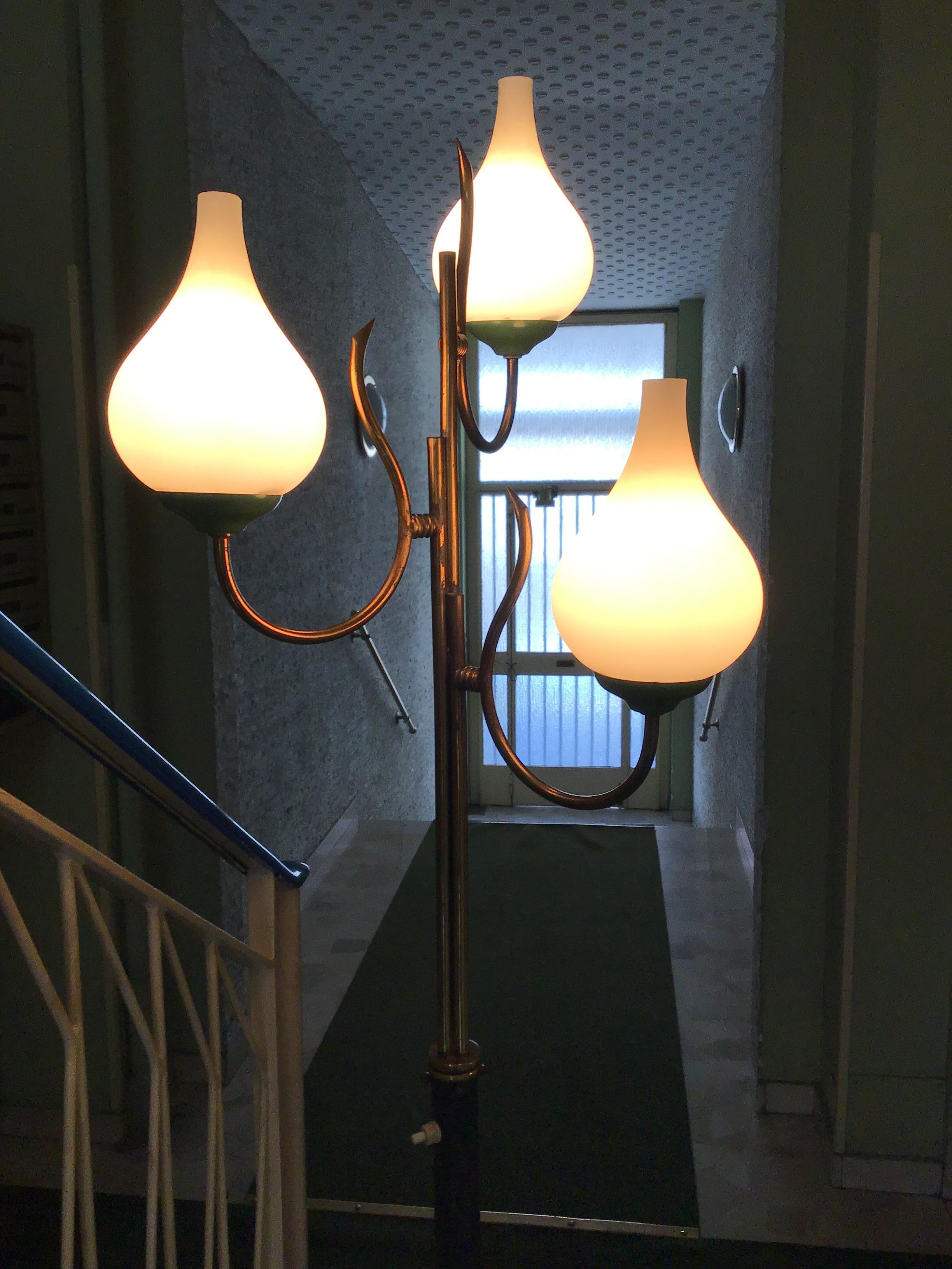 Italian Stilnovo Floor Lamp Tree Light  Brass Metal Opaline Glass 1950 Italy  For Sale