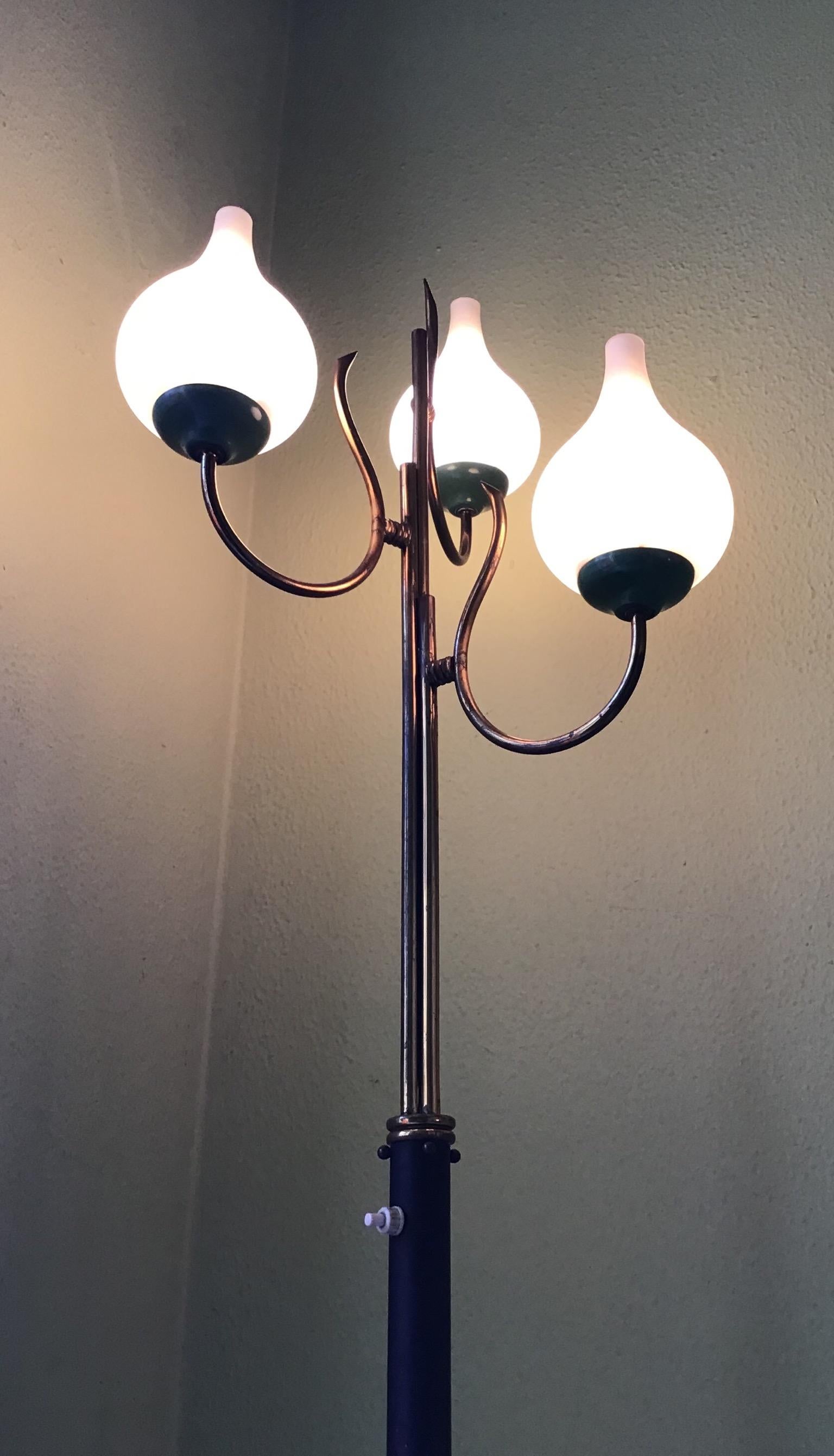 Stilnovo Floor Lamp Tree Light  Brass Metal Opaline Glass 1950 Italy  For Sale 1