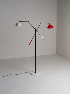 Stilnovo Floor Lamp White and Red Metal Lampshades Brass Marble, Italy, 1955