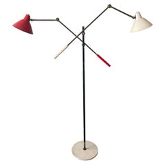 Stilnovo Floor Lamp White and Red Metal Lampshades Brass Marble, Italy, 1955