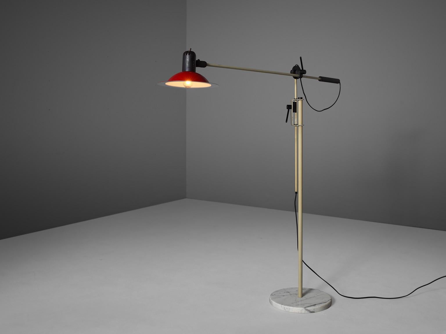 Stilnovo floor lamp, in metal, plastic and marble, Italy 1950s. 

Large adjustable floor lamp made by the Italian lighting manufacturer Stilnovo. This high quality floor lamp consist of a white coated metal frame. The horizontal and vertical sterns