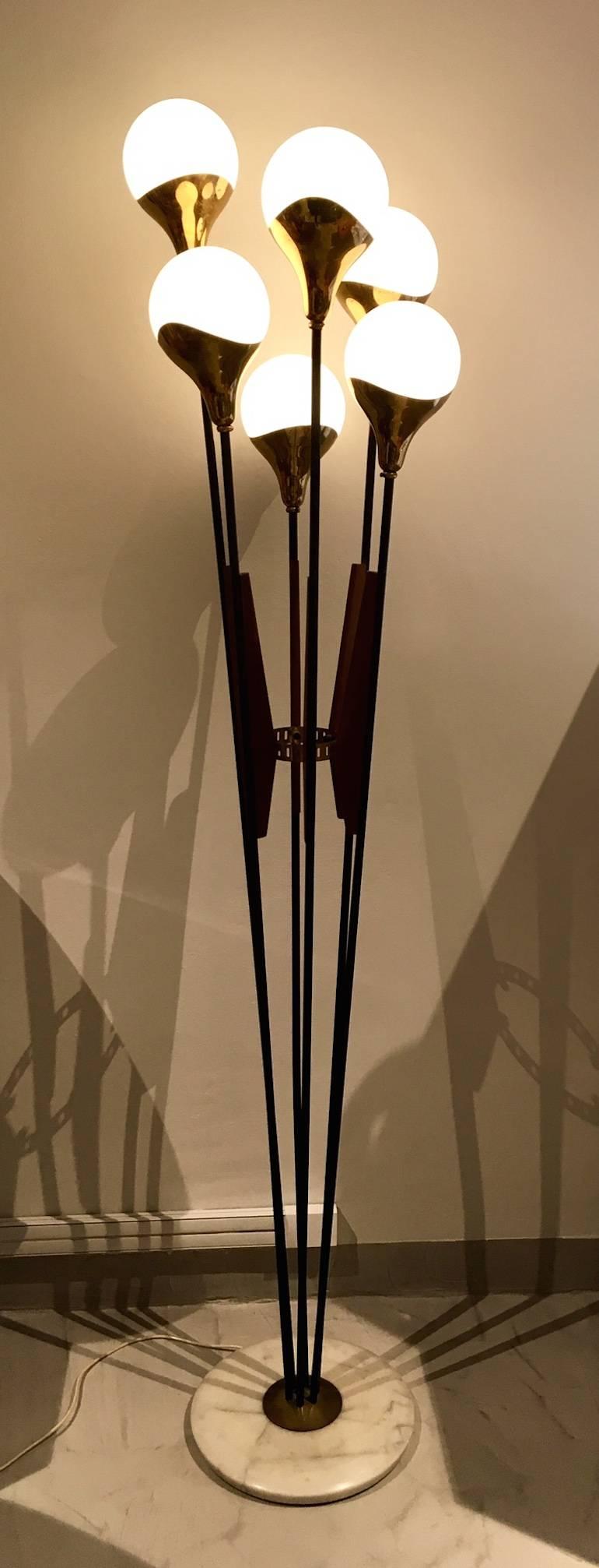 Italian Stilnovo Floor Lamp with Six Lights, Marble Base and Wooden Details