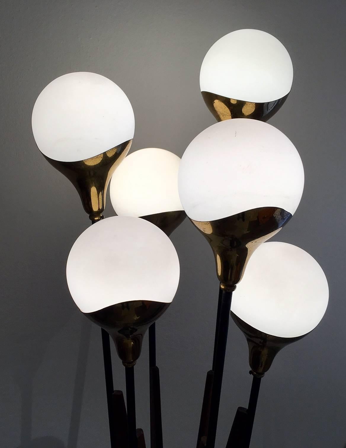 20th Century Stilnovo Floor Lamp with Six Lights, Marble Base and Wooden Details