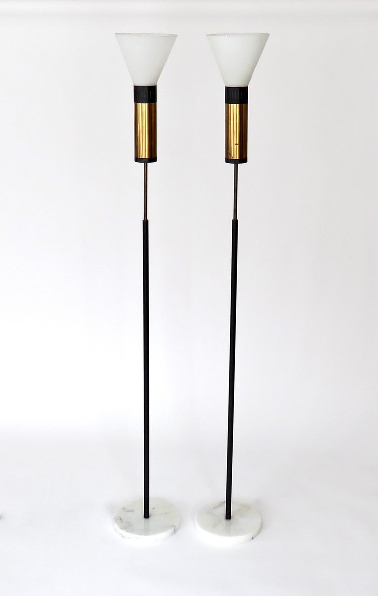 Stilnovo Floor Lamps Glass Diffusers Marble Base Tall Black Enameled Stem Pair For Sale at 1stDibs
