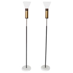 Stilnovo Floor Lamps Glass Diffusers Marble Base Tall Black Enameled Stem Pair