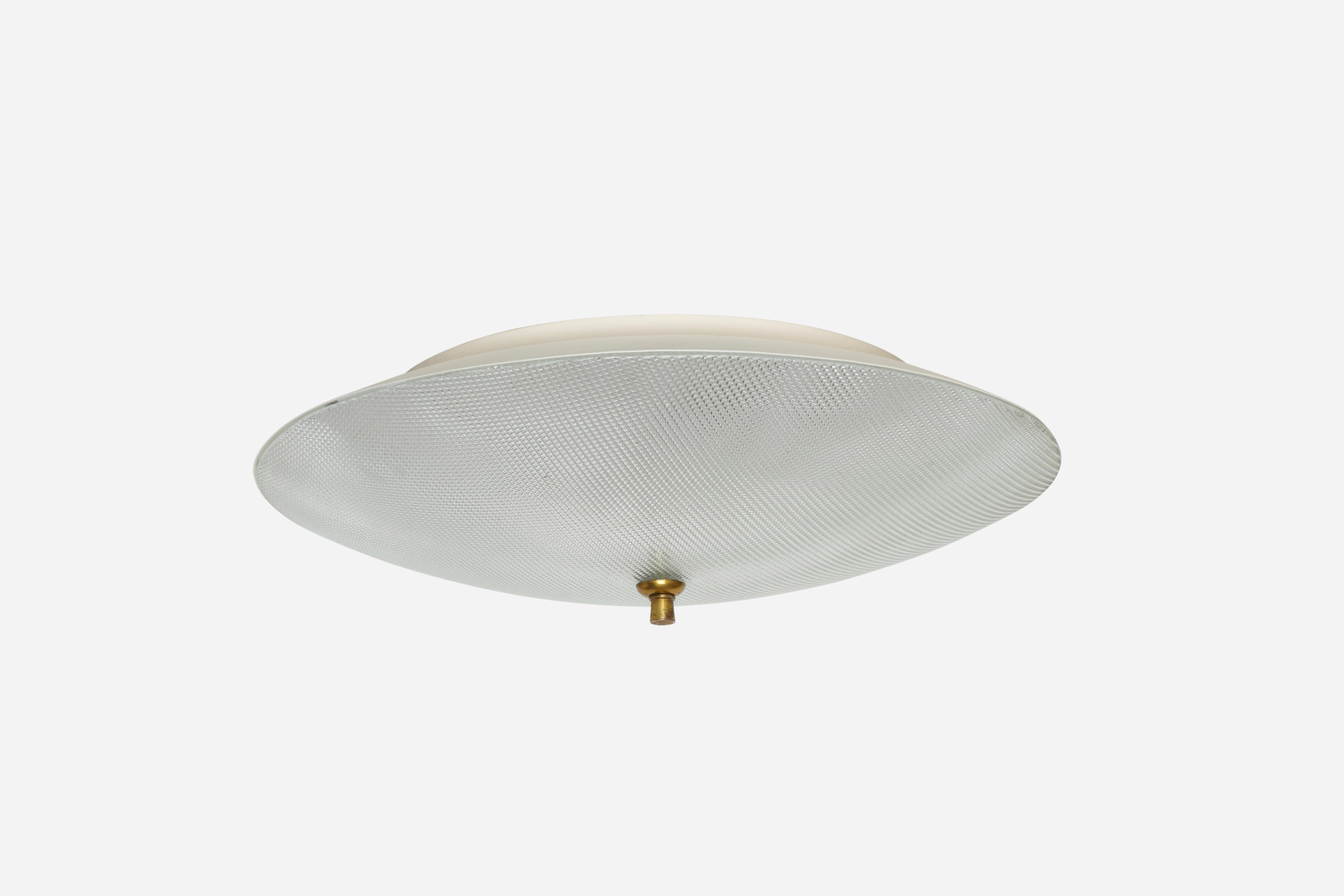 Plafonnier encastré Stilnovo
Fabriqué en Italie dans les années 1960.
Verre texturé, métal émaillé, laiton.
Chacune prend 3 ampoules à base moyenne.
Recâblage américain gratuit sur demande.
Le prix est pour 1 lampe.
3 lampes sont disponibles.

Nous