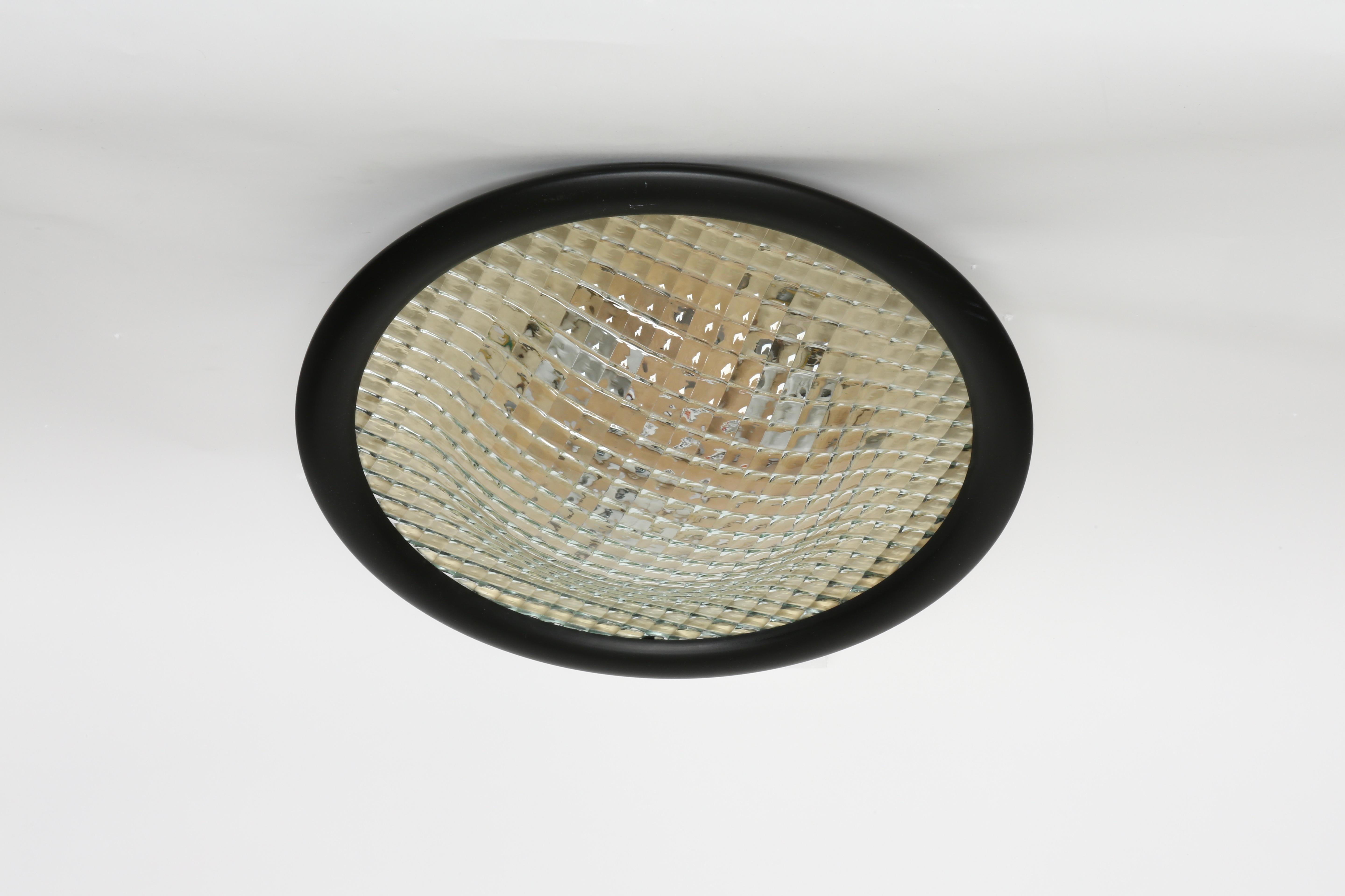 Stilnovo flush mount ceiling light, Large.
Made in Italy in 1970s.
Rare pair in large size.
Concave prismatic glass, enameled metal.
Stilnovo label.
Complimentary US rewiring upon request.
Take 3 medium base bulbs.
Price is for 1 flush mount.
3