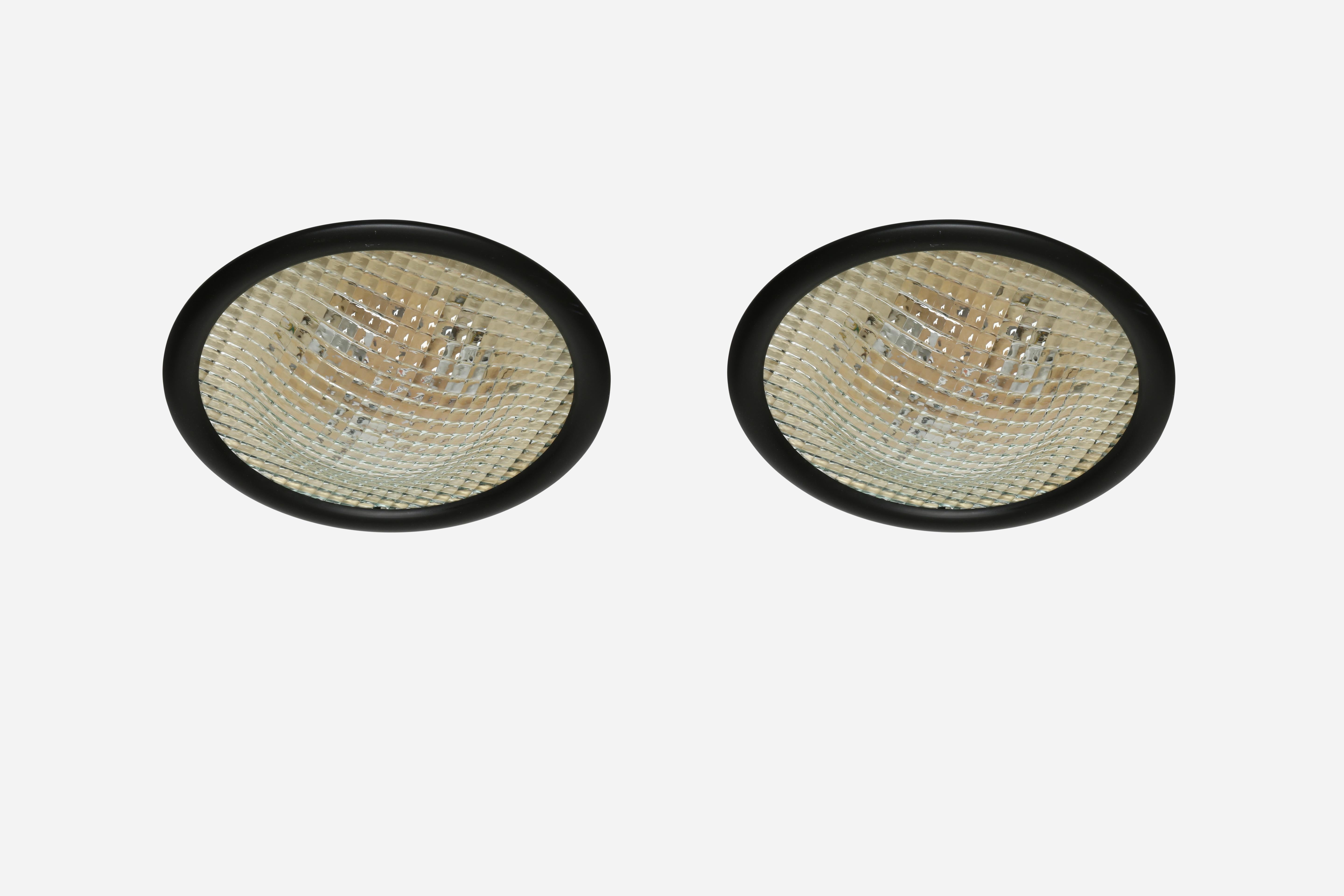 Stilnovo flush mount ceiling lights, Large.
Made in Italy in 1970s.
Rare pair in large size.
Concave prismatic glass, enameled metal.
Stilnovo label.
Complimentary US rewiring upon request.
Take 3 medium base bulbs each.
Priced and sold as a
