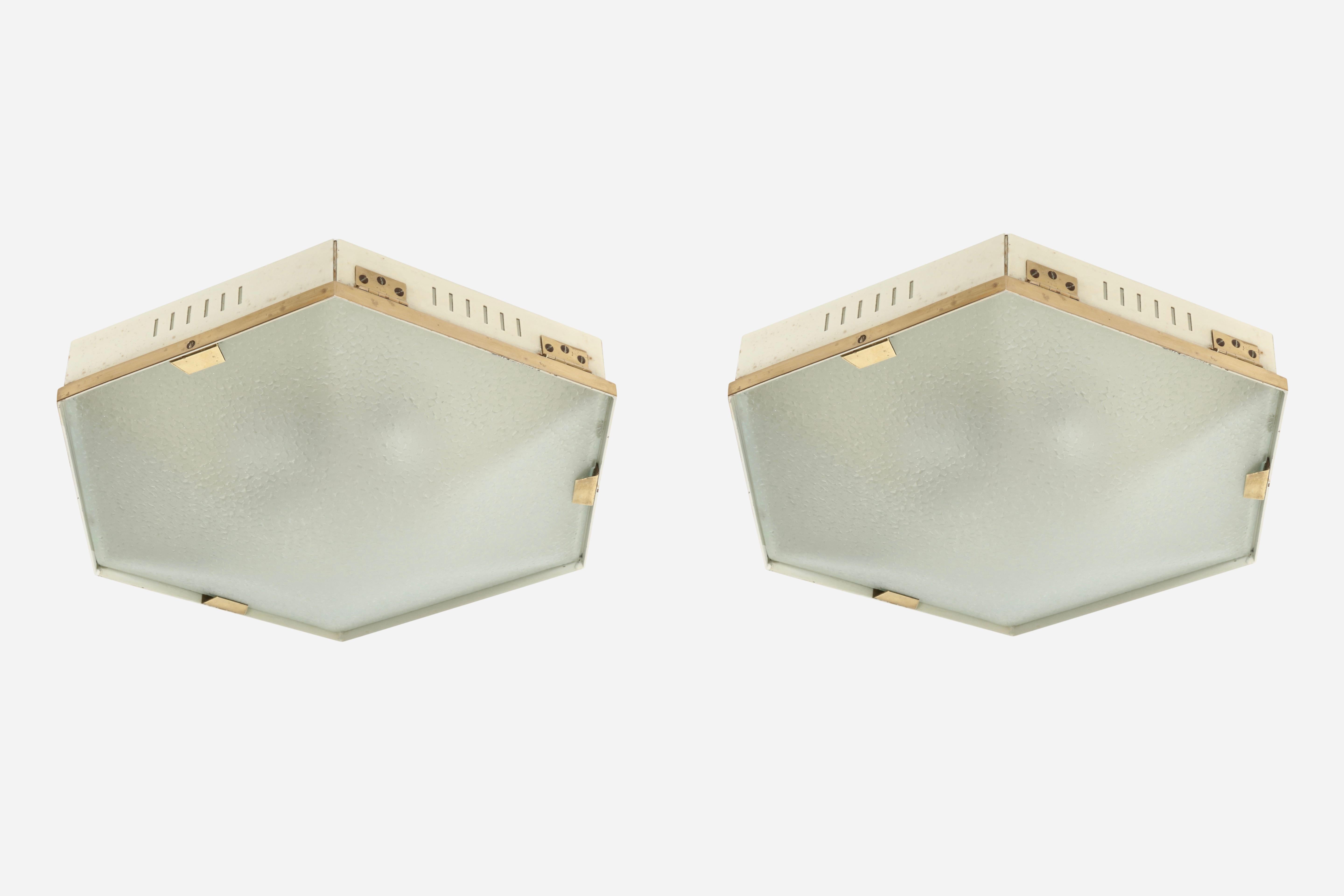 Stilnovo flush mount ceiling light model 1183, a pair
Made in Italy in 1950s.
Textured glass, brass, enameled metal.
Stilnovo label.
 