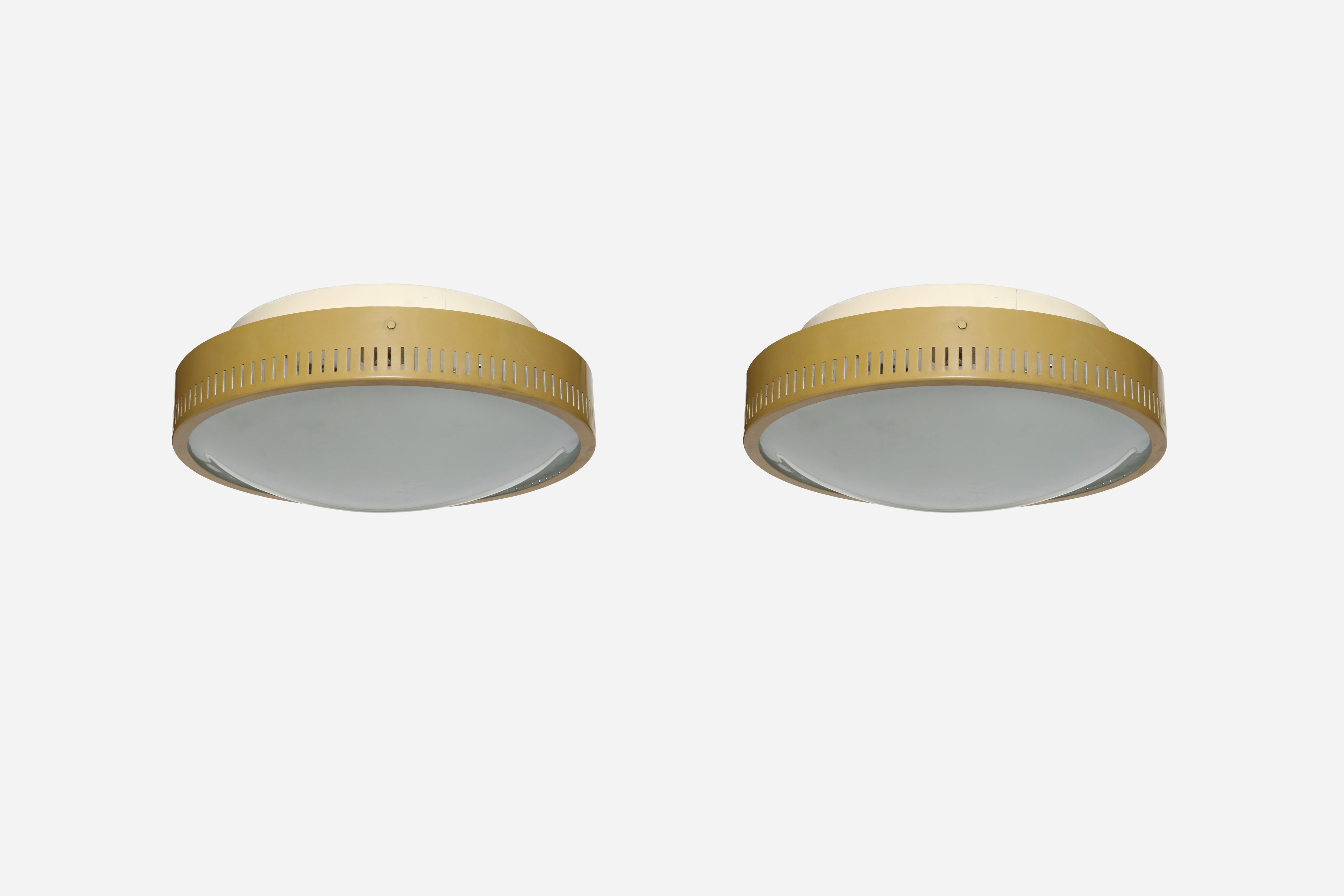 Stilnovo flush mount ceiling light, model 1152.
Sandblasted glass, enameled metal.
Takes 3 medium bulbs.
Complimentary US rewiring upon request.
Price is for one light.
Five flush mounts are available.
 