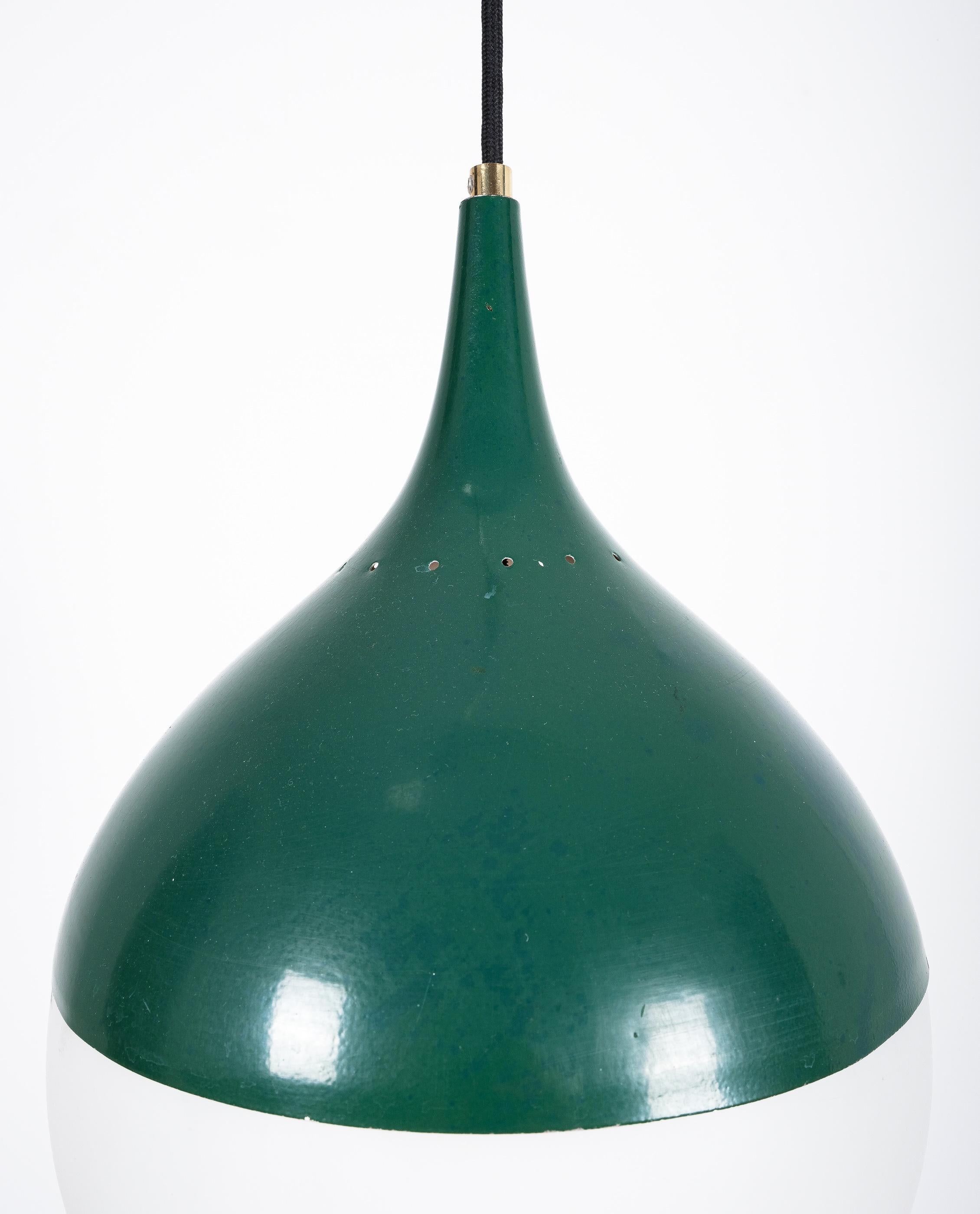 Mid-20th Century Stilnovo Green Ball Pendant Lamp Opal Glass, circa 1950 For Sale