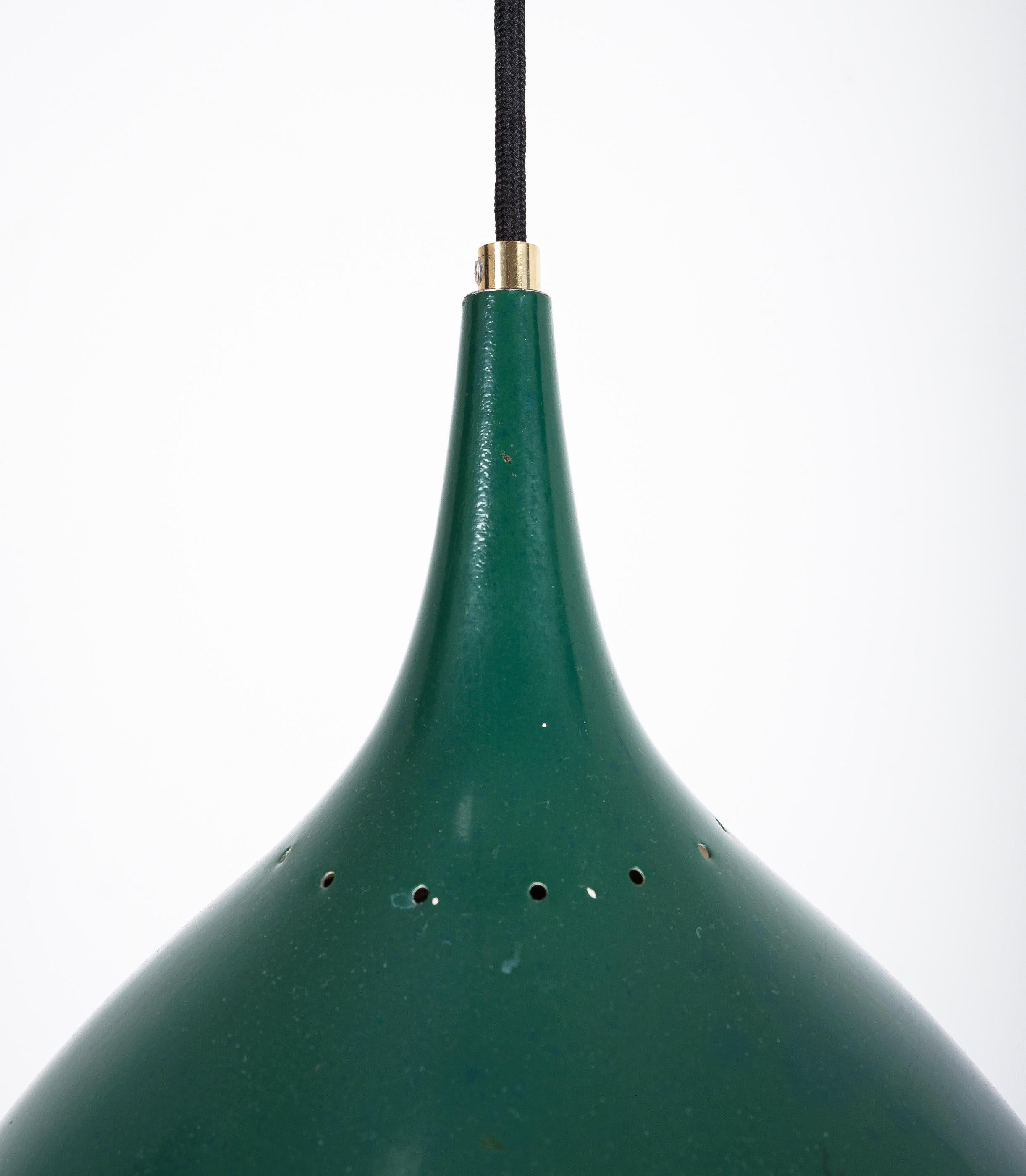 Aluminum Stilnovo Green Ball Pendant Lamp Opal Glass, circa 1950 For Sale