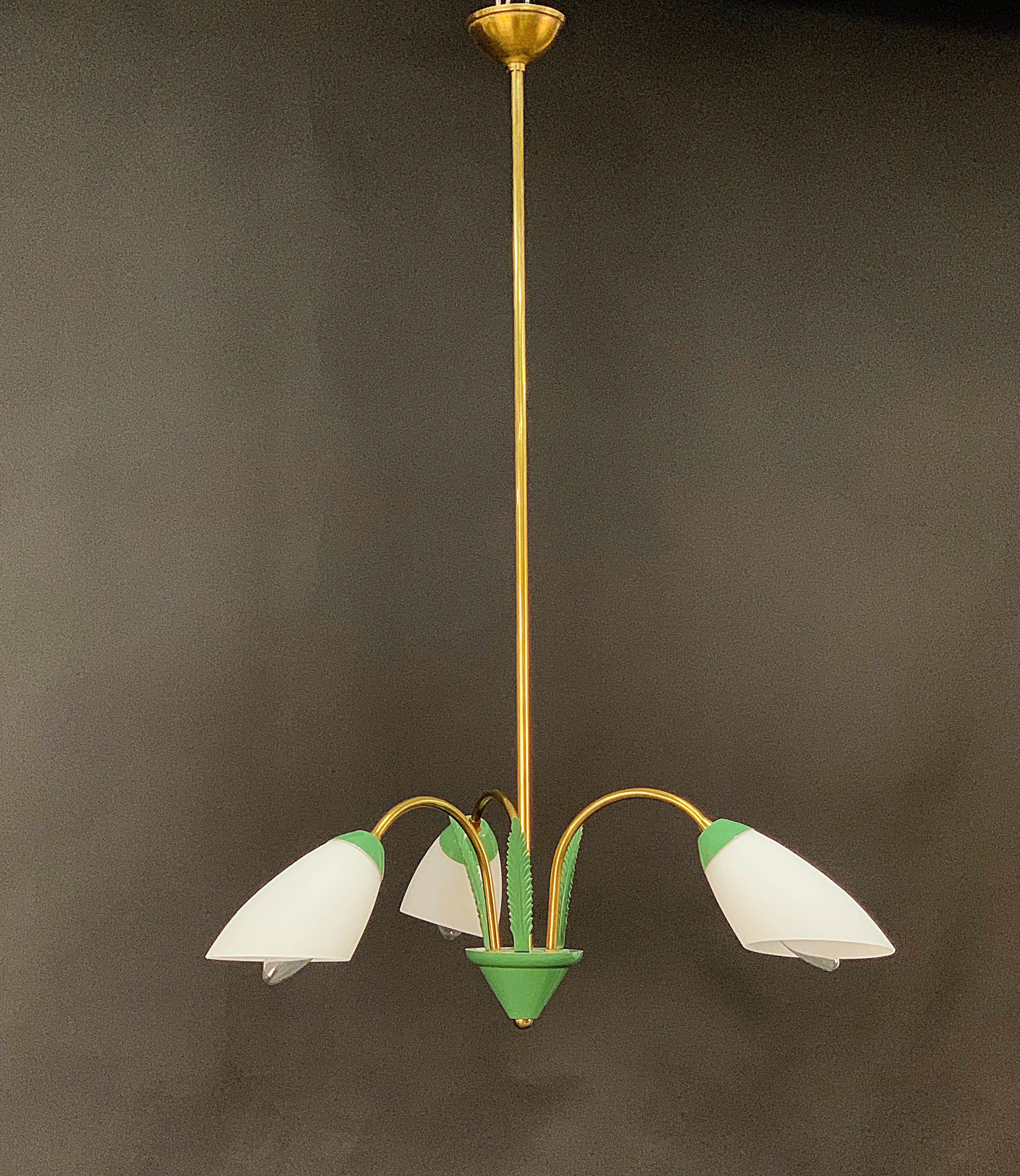 Stilnovo Green Enamel Metal, Brass and Opal Glass Italian Chandelier, 1950s For Sale 5