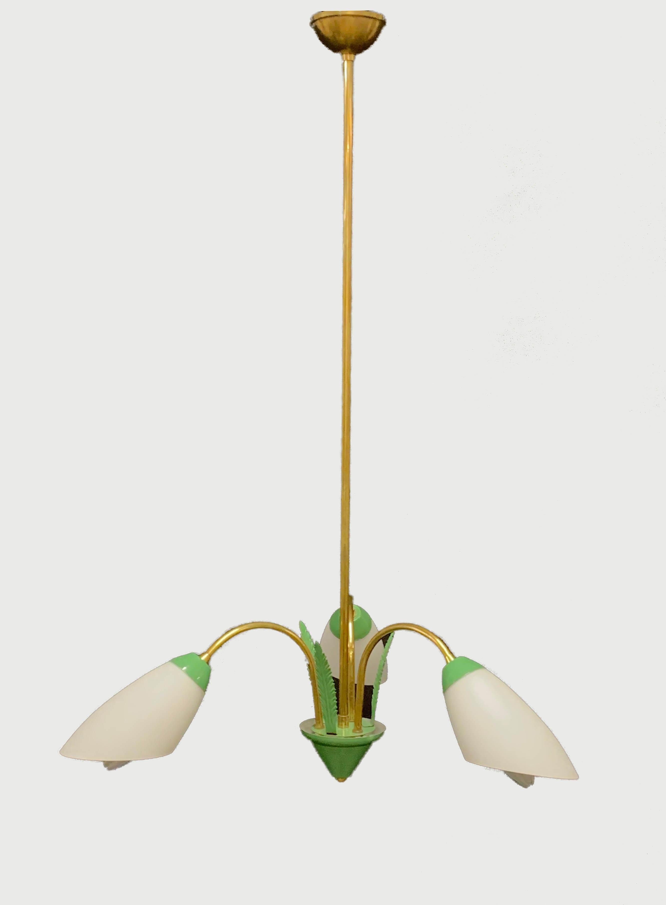 Stilnovo Green Enamel Metal, Brass and Opal Glass Italian Chandelier, 1950s For Sale 2