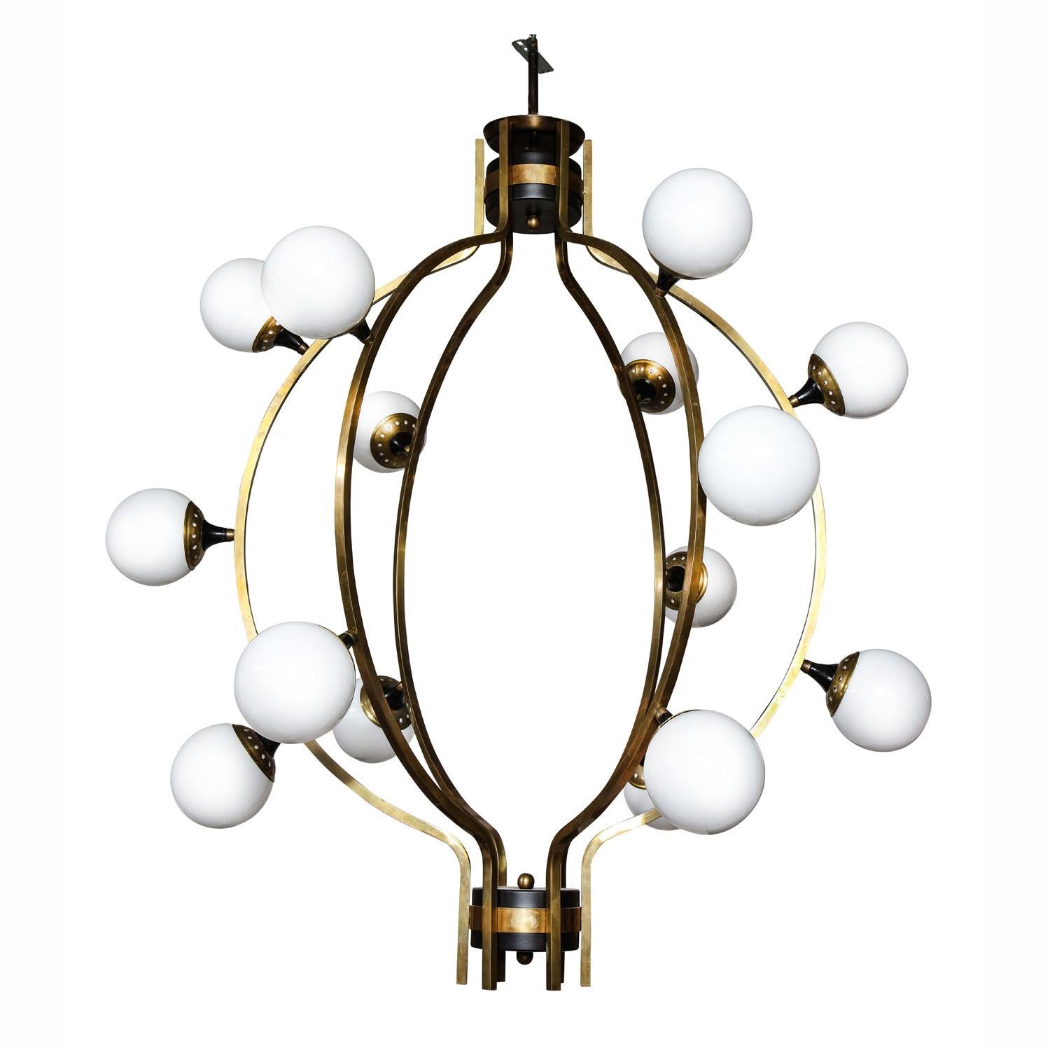 Large and impressive black lacquered steel and brass spherical chandelier with opaline glass globes by Stilnovo. Italy, 1970.