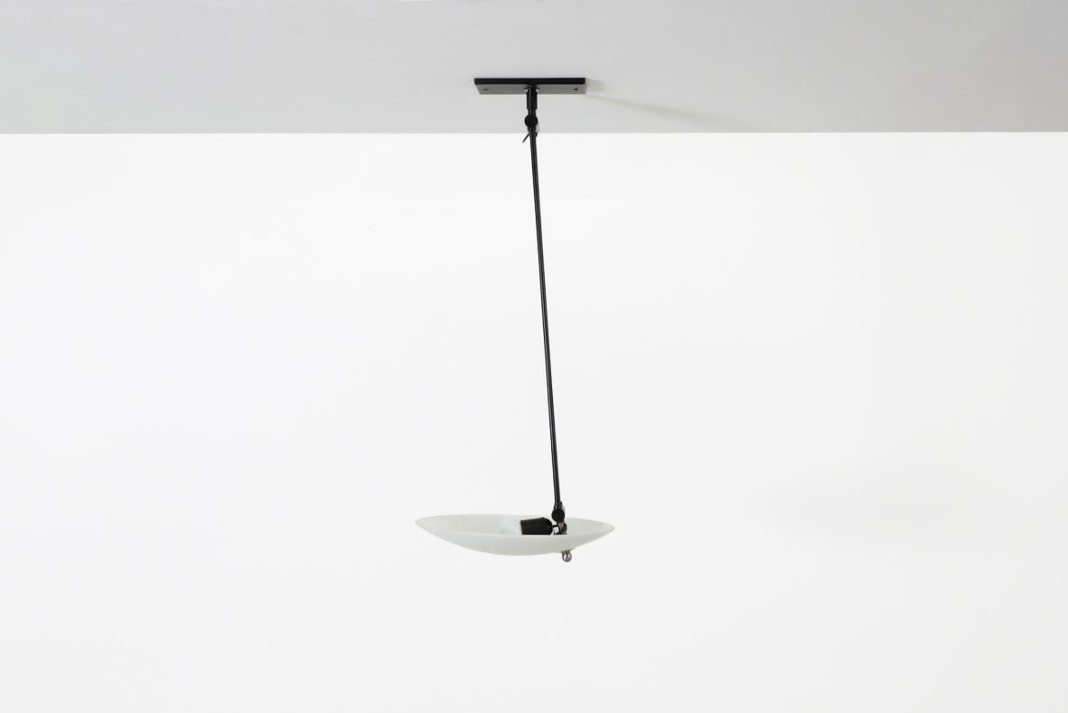 Mid-Century Modern Stilnovo Inspired Ceiling Light with Articulating Arm & Frosted Glass Disc Shade For Sale